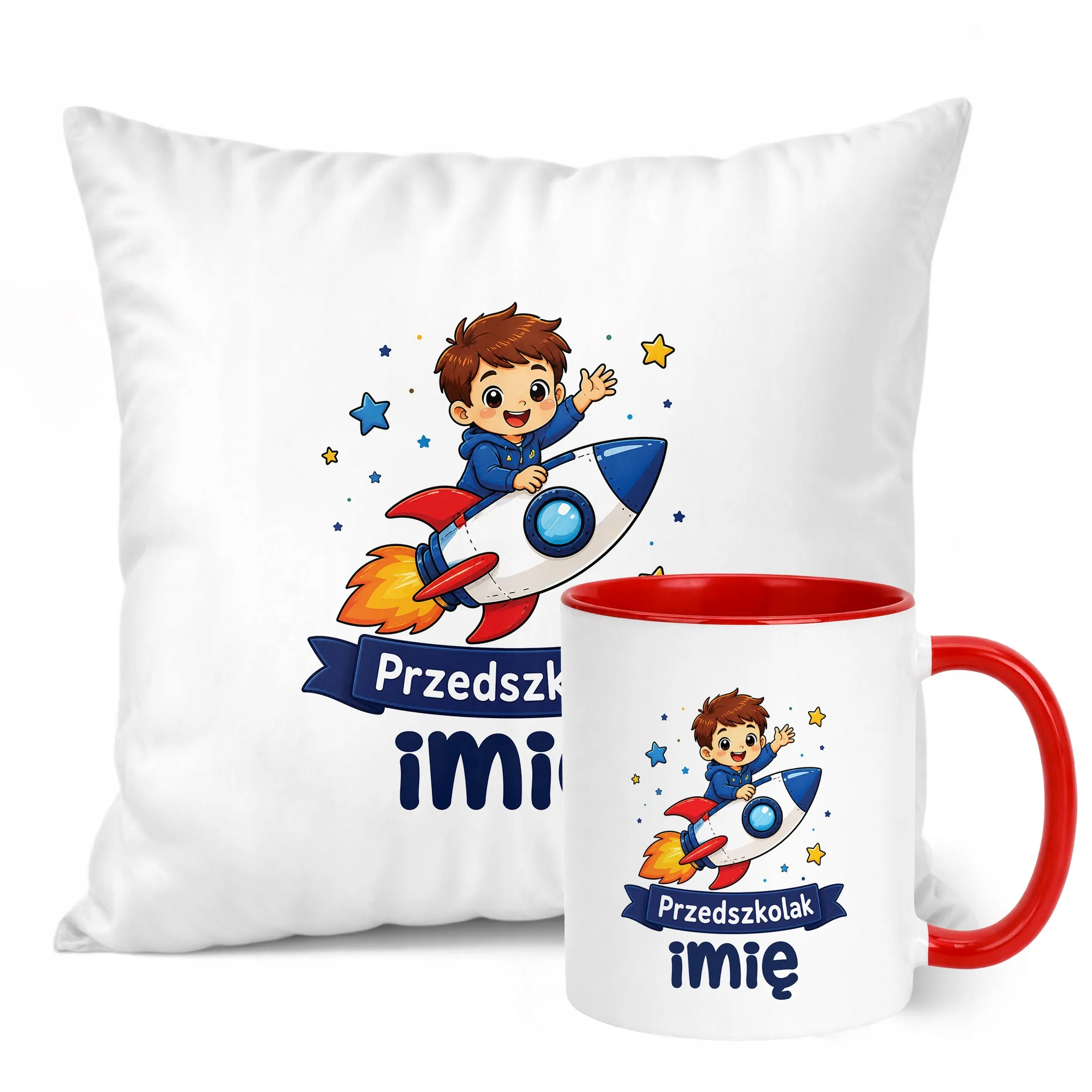 Zestaw Personalizowany Kubek Czerwony Poduszka Przedszkolak Rakieta