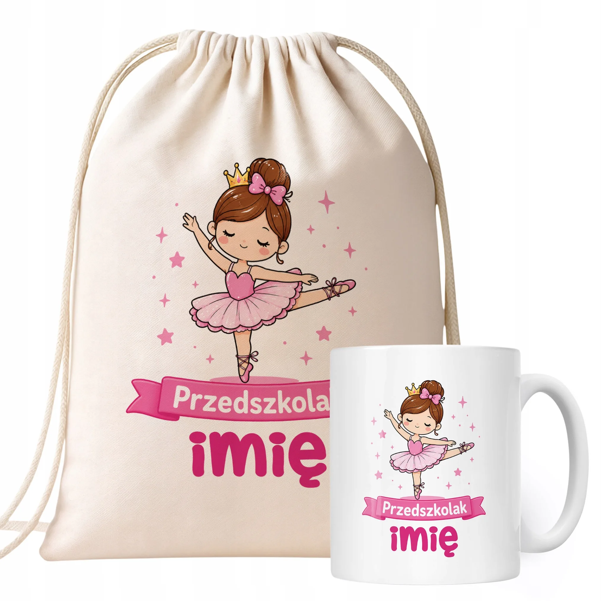 Zestaw Personalizowany Plecak Worek Kubek Przedszkolak Baletnica Prezent