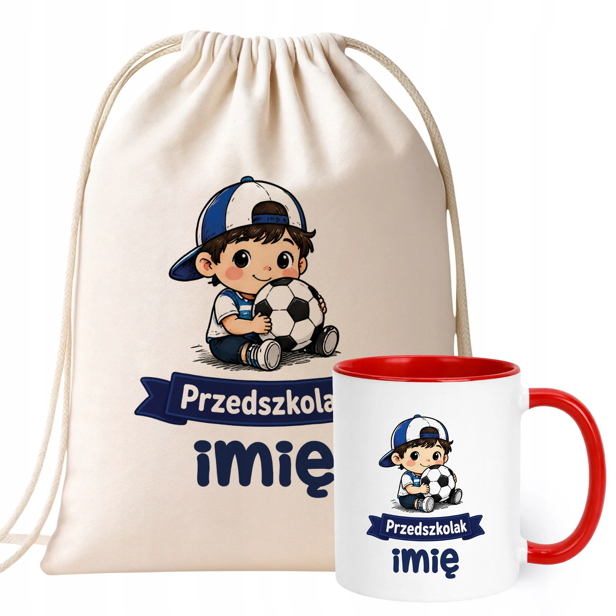 Zestaw Personalizowany Plecak Worek Kubek Czerwony Przedszkolak Piłka