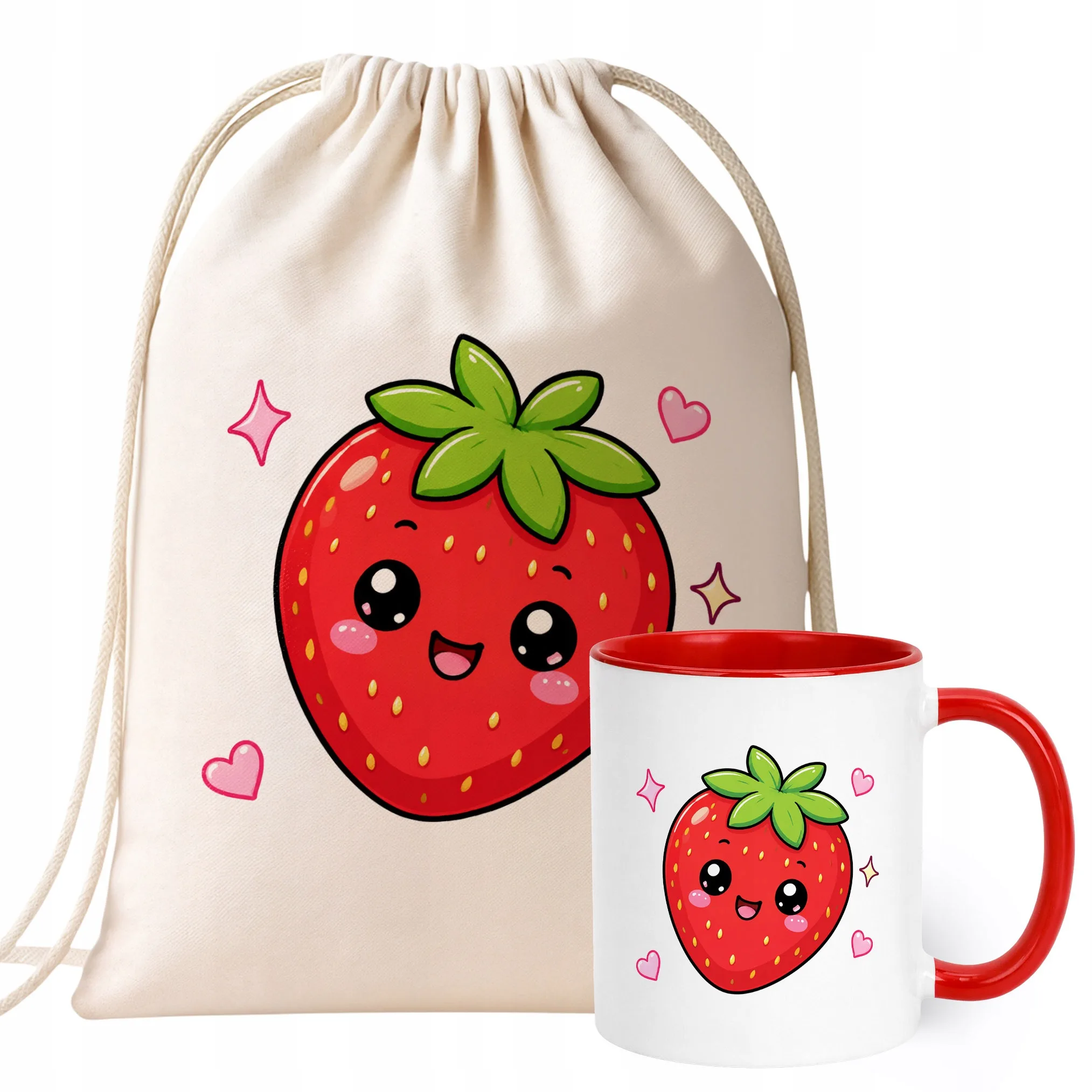 Zestaw Plecak Worek Kubek Czerwony Z Nadrukiem Kawaii Truskawka Prezent