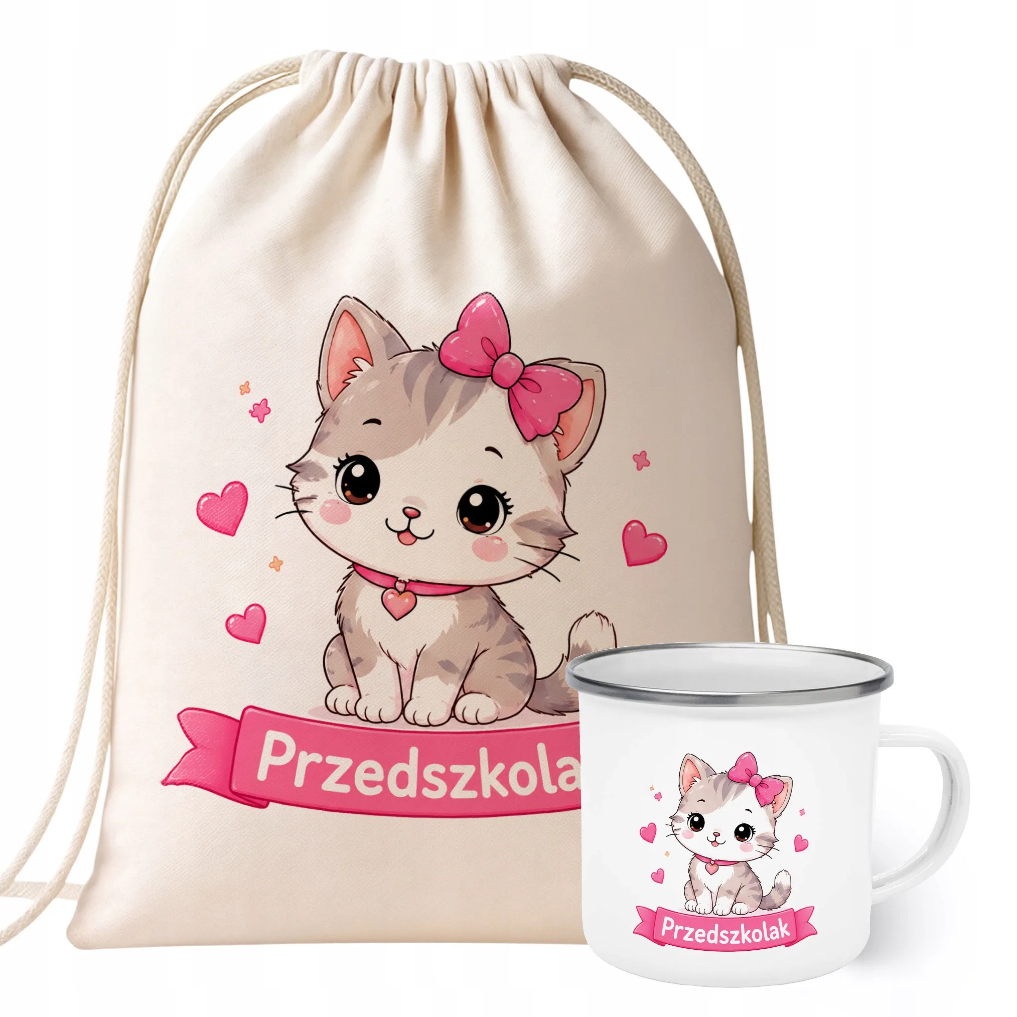 Zestaw Plecak Worek Kubek Emaliowany Z Nadrukiem Przedszkolak Szkoła