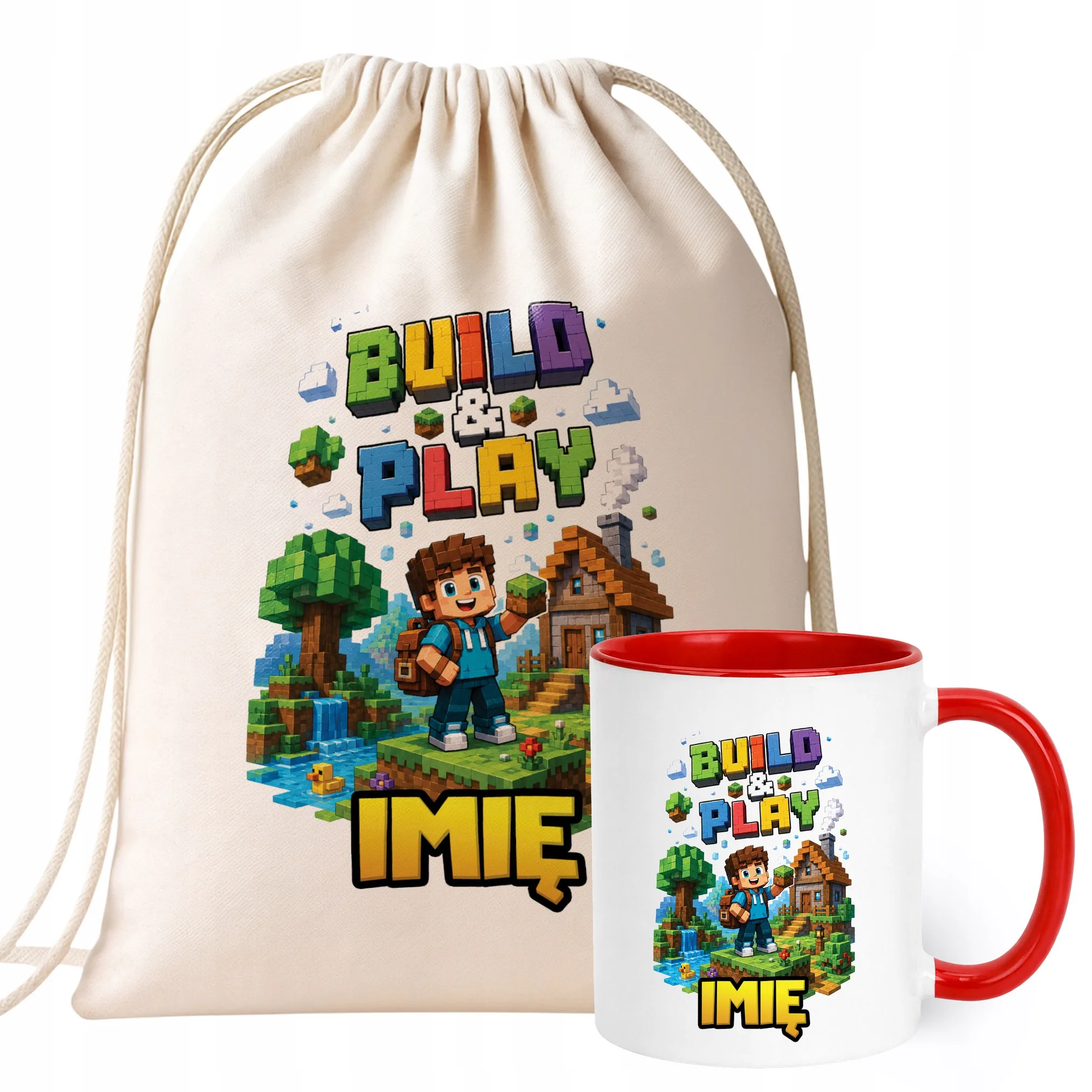 Zestaw Personalizowany Plecak Worek Kubek Czerwony gra Build&Play Prezent