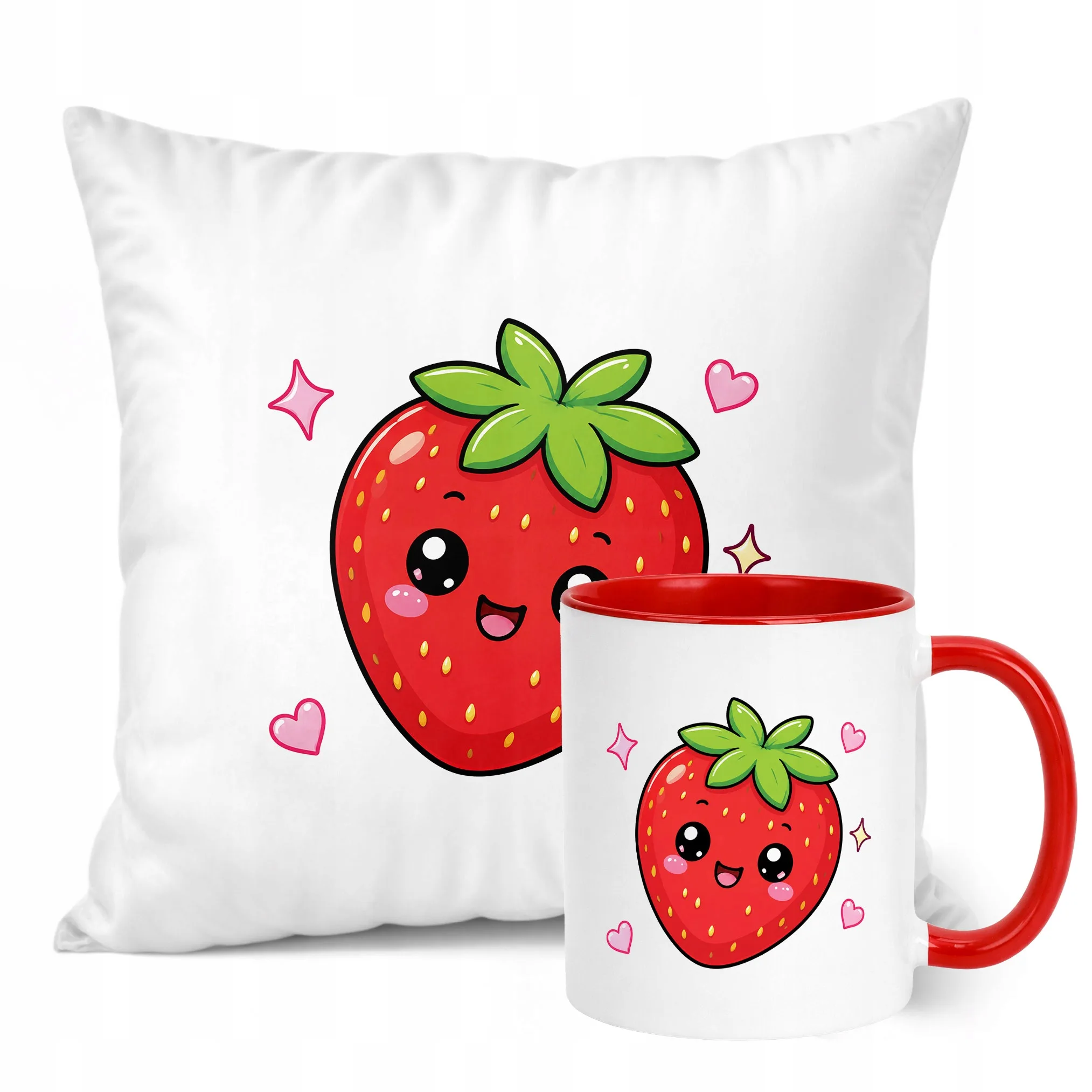 Zestaw Kubek Czerwony Poduszka Z Nadrukiem Kawaii Truskawka Prezent