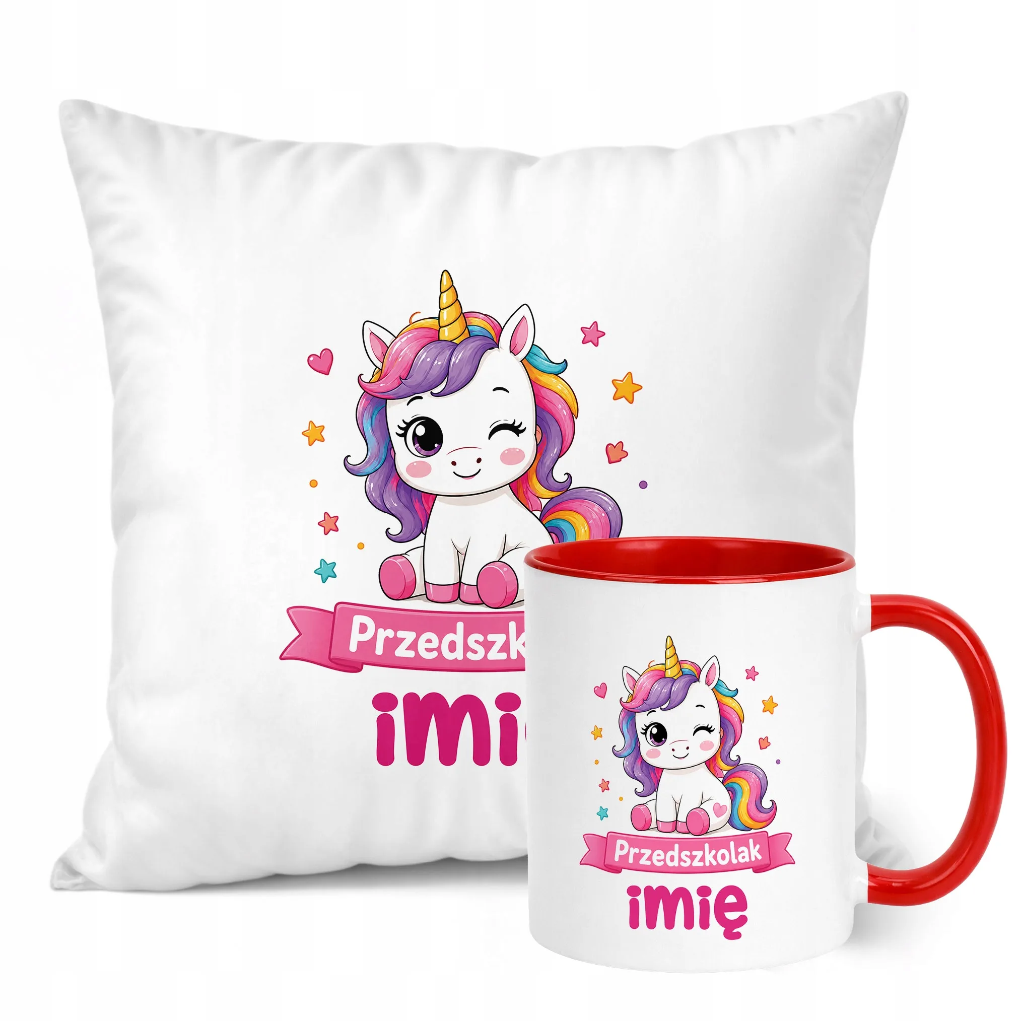 Zestaw Personalizowany Kubek Czerwony Poduszka Przedszkolak Jednorożec