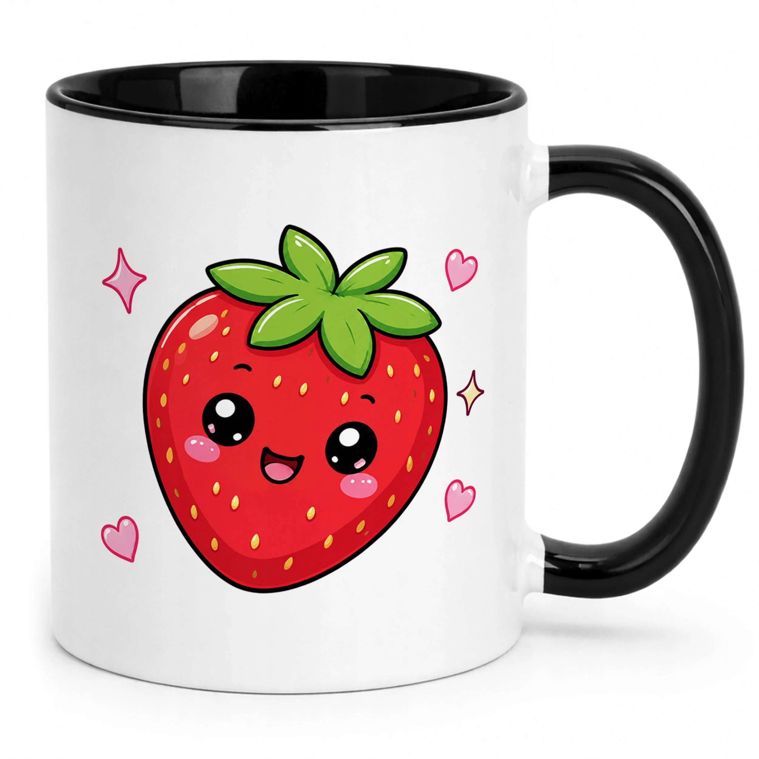 Kubek Czarny z nadrukiem Kawaii Truskawka Dla Dzieci Prezent Upominek
