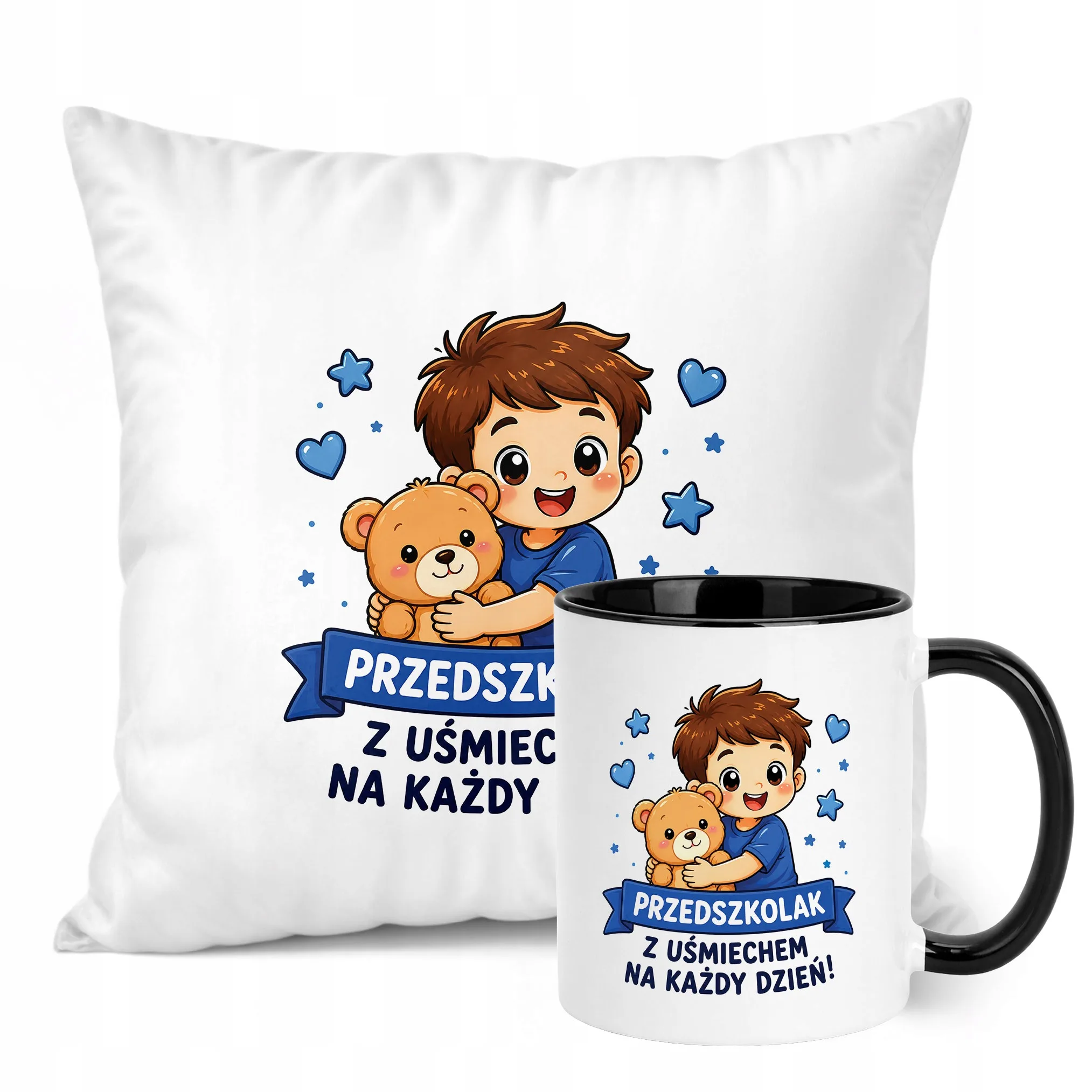 Zestaw Kubek Czarny Poduszka Z Nadrukiem Przedszkolak Szkoła Prezent