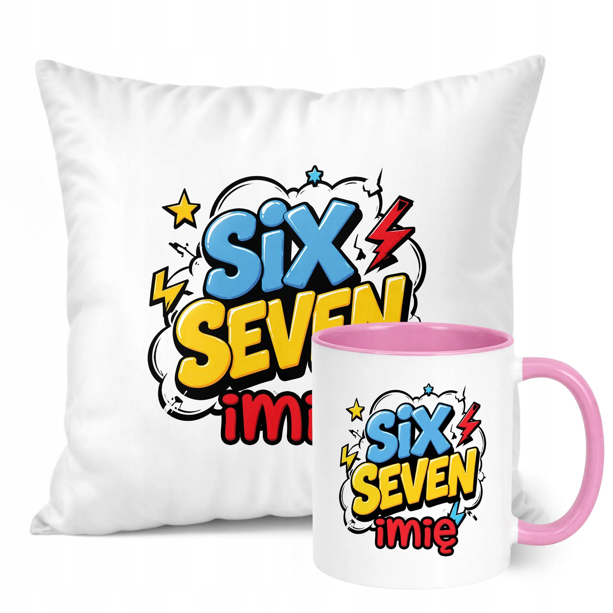 Zestaw Personalizowany Kubek Różowy Poduszka 67 Six Seven Prezent