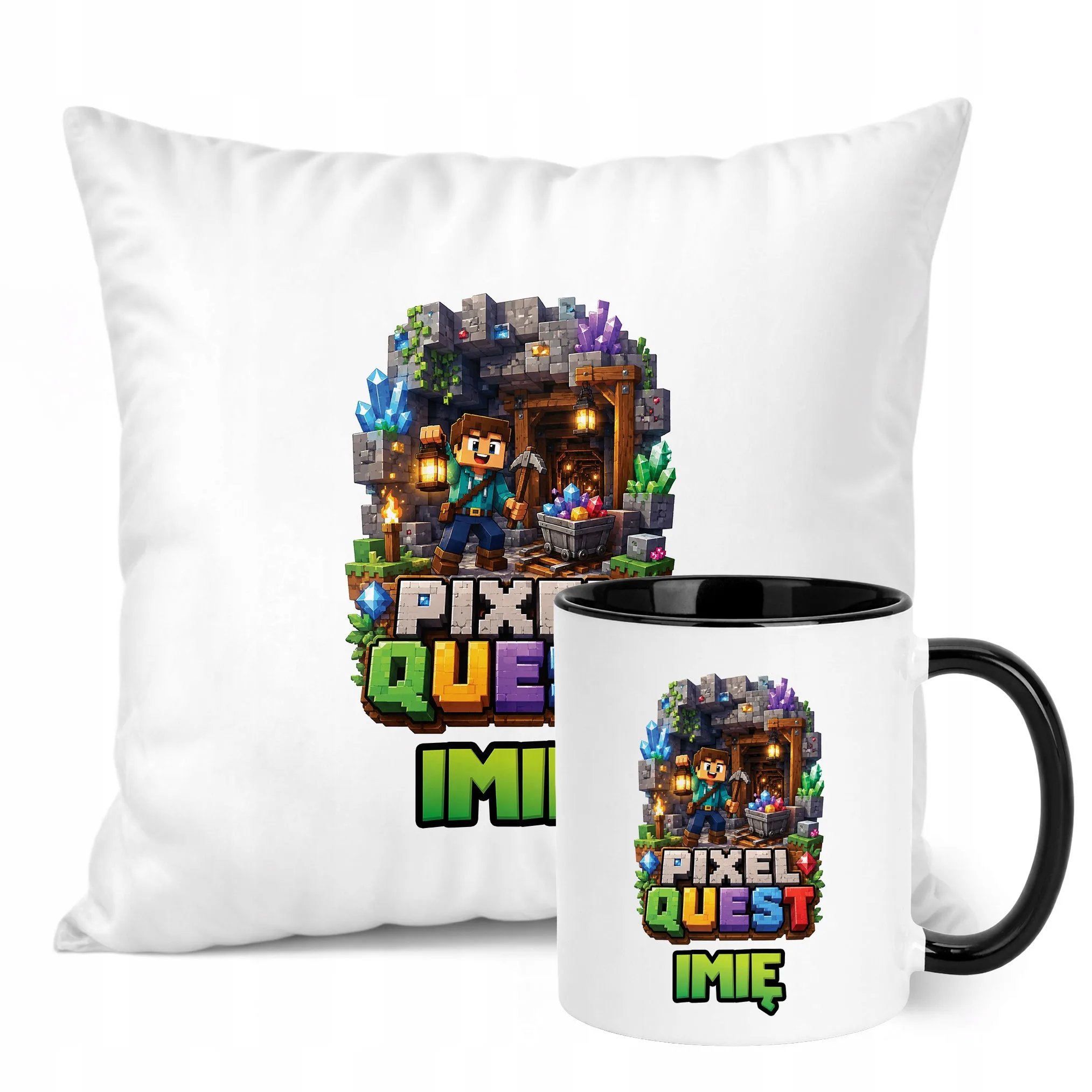 Zestaw Personalizowany Kubek Czarny Poduszka gra Pixel Quest Prezent