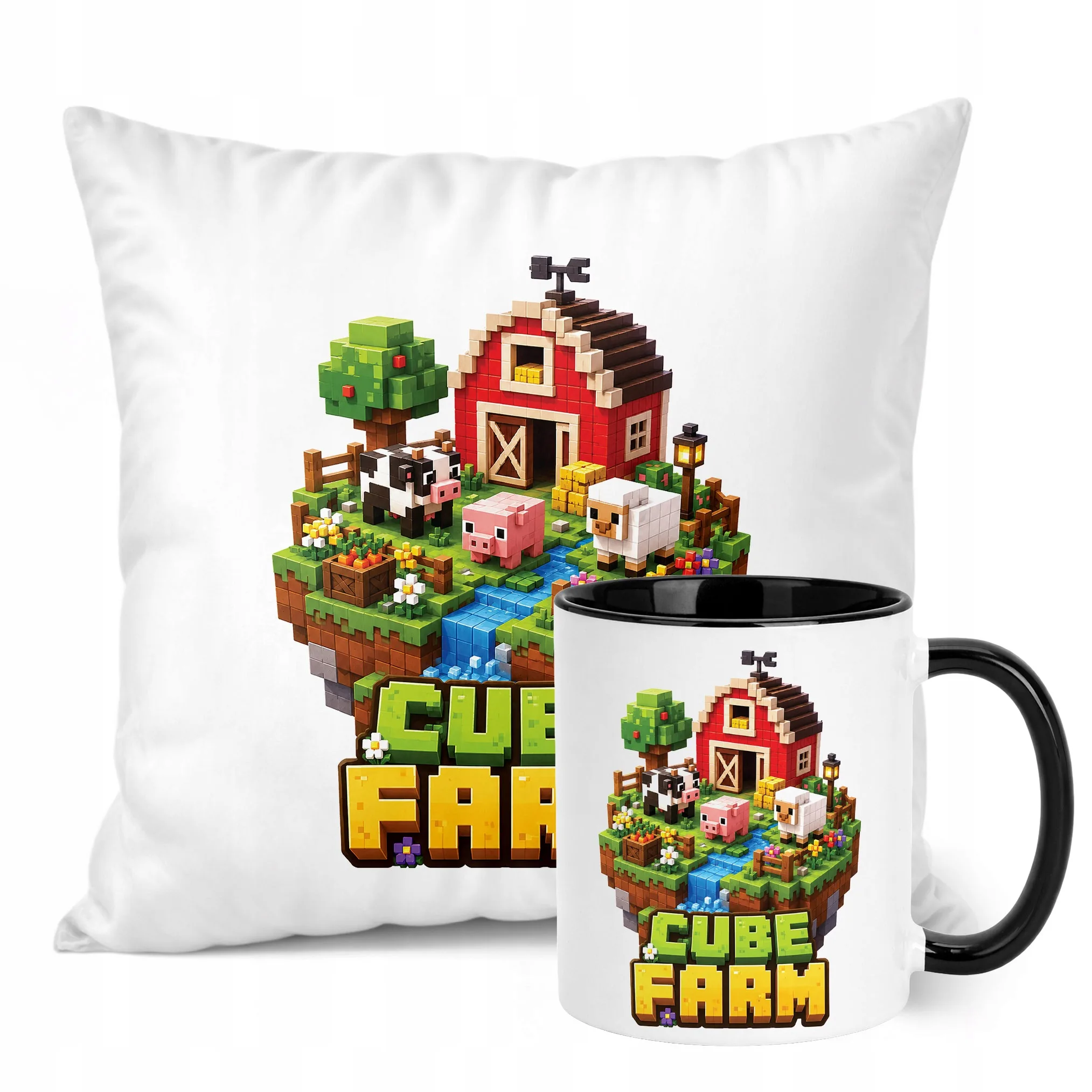 Zestaw Kubek Czarny Poduszka Z Nadrukiem CUBE FARM Prezent