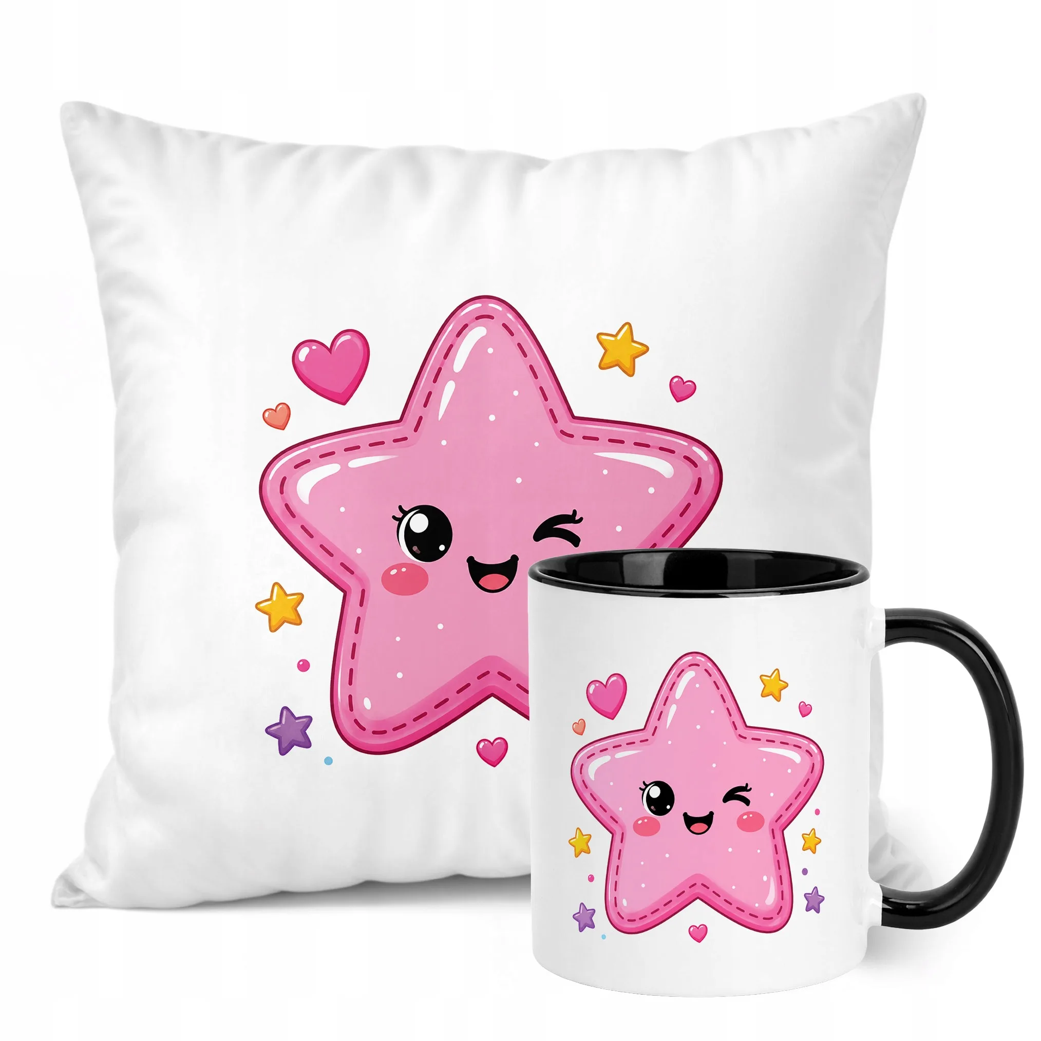 Zestaw Kubek Czarny Poduszka Z Nadrukiem Kawaii Gwiazdka Prezent