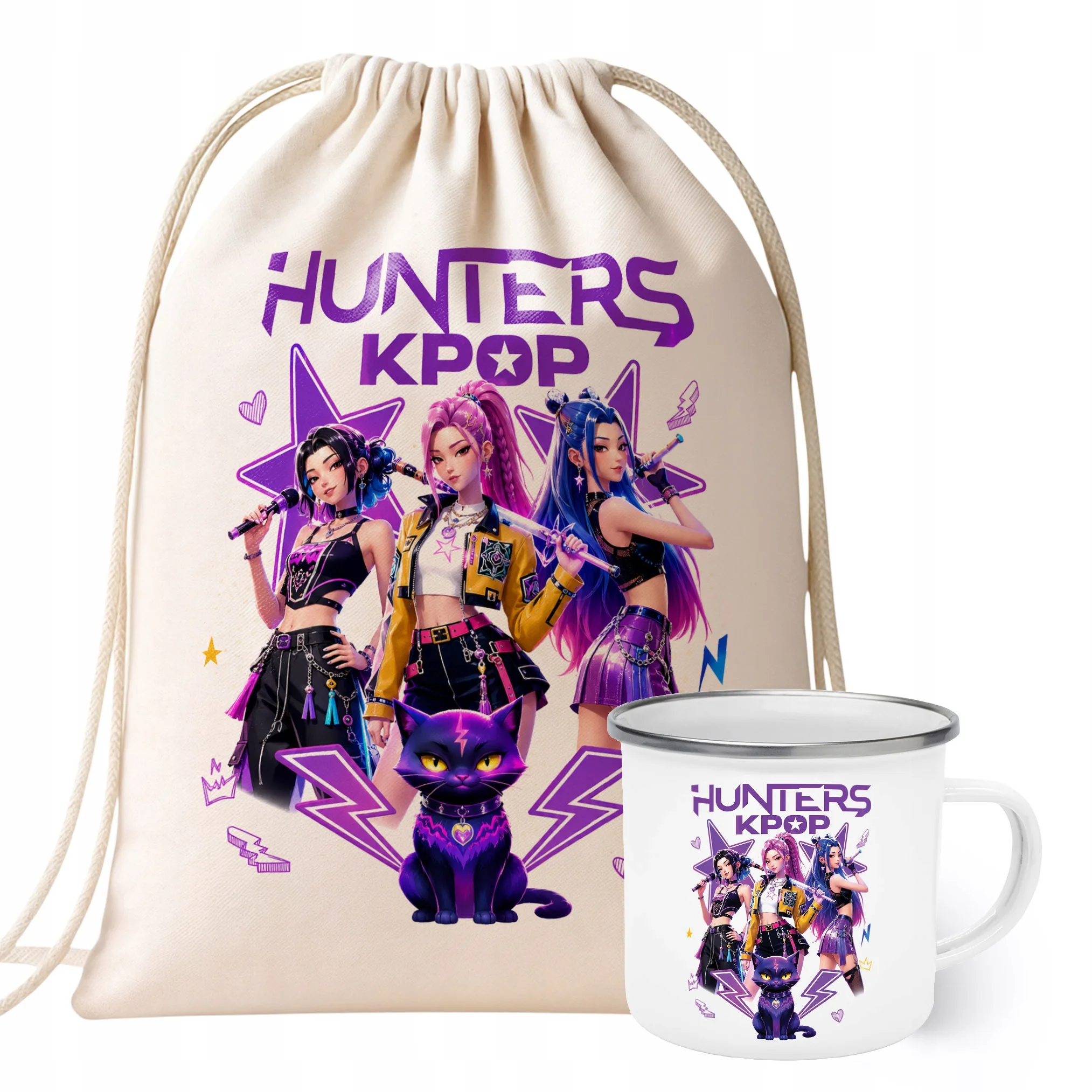 Zestaw Plecak Worek Kubek Emaliowany Z Nadrukiem ŁOWCZYNIE KPOP Prezent
