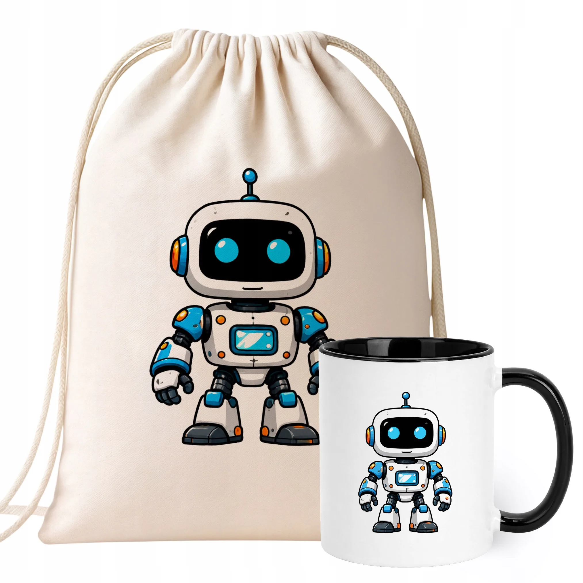 Zestaw Plecak Worek Kubek Czarny Z Nadrukiem Robot Dla Dzieci