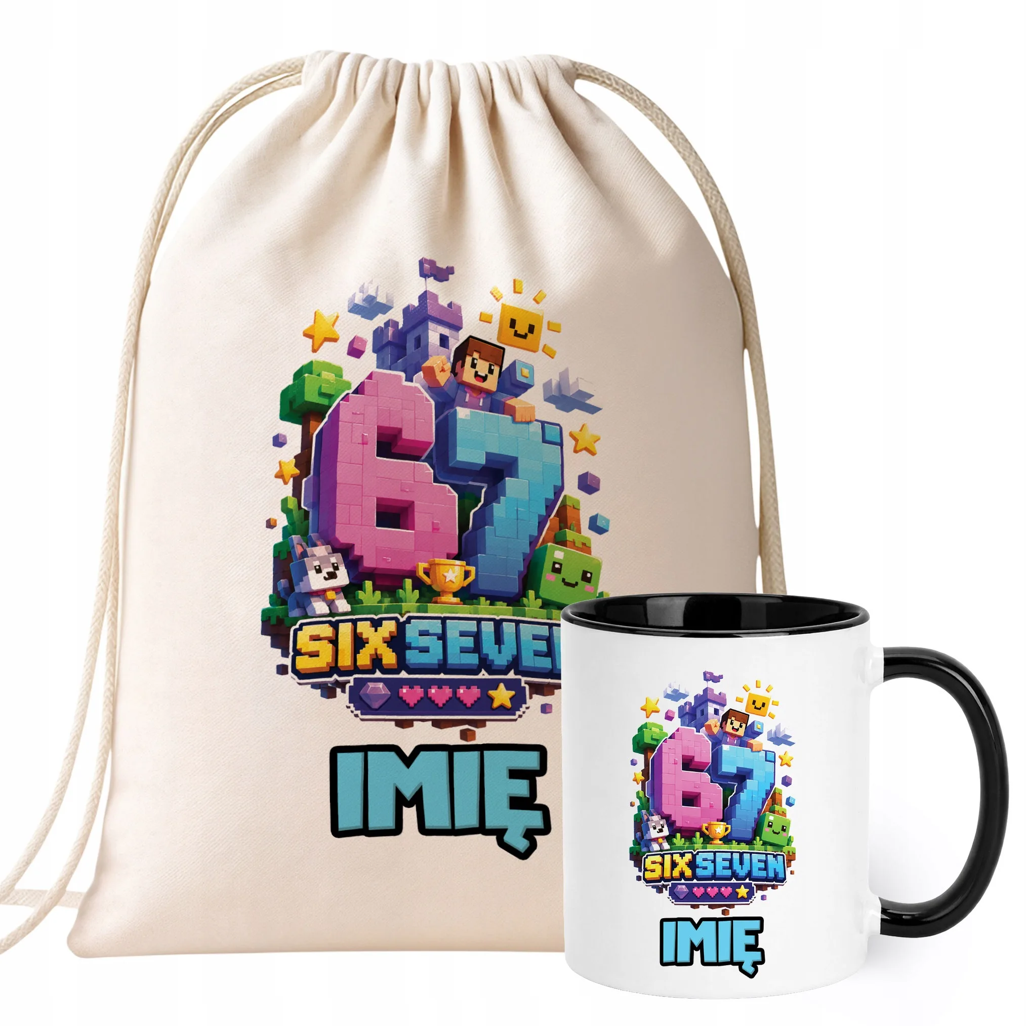 Zestaw Personalizowany Plecak Worek Kubek Czarny 67 Six Seven Prezent