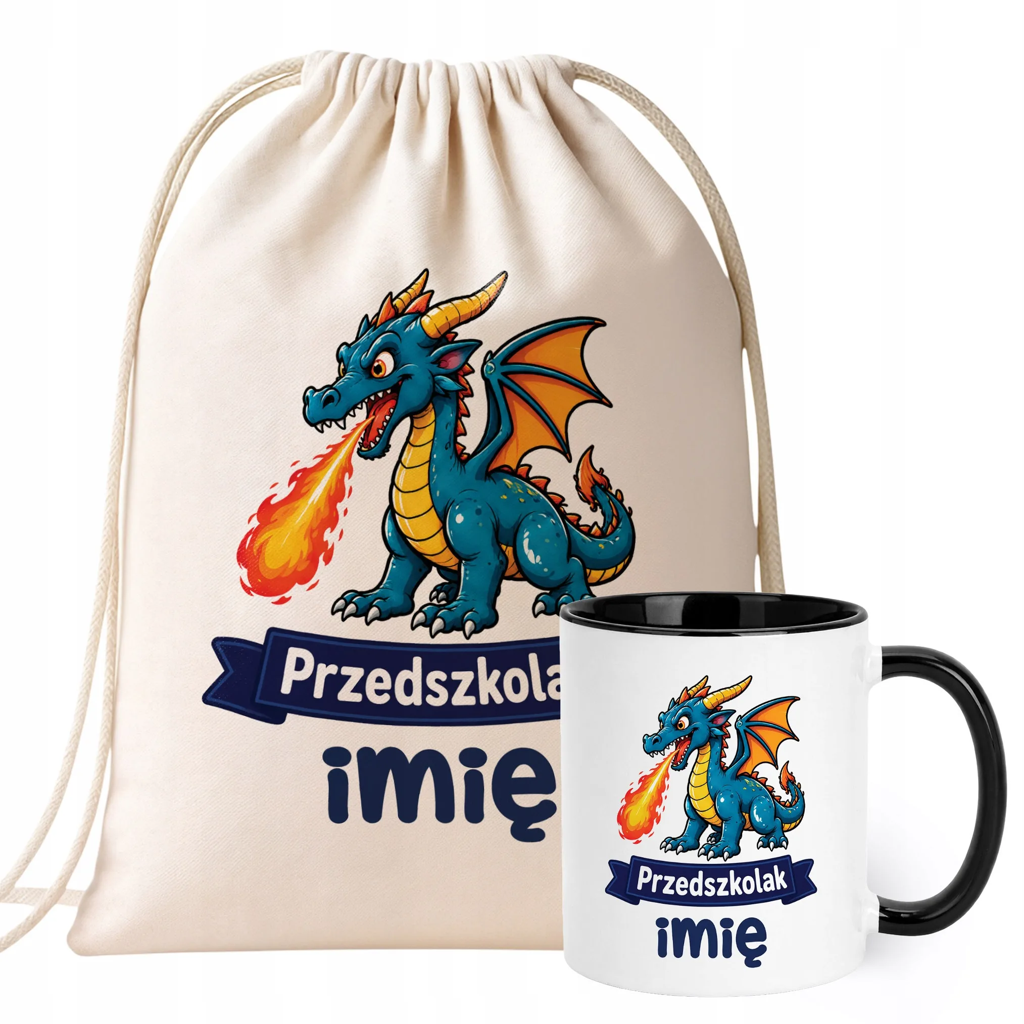 Zestaw Personalizowany Plecak Worek Kubek Czarny Przedszkolak Smok Prezent