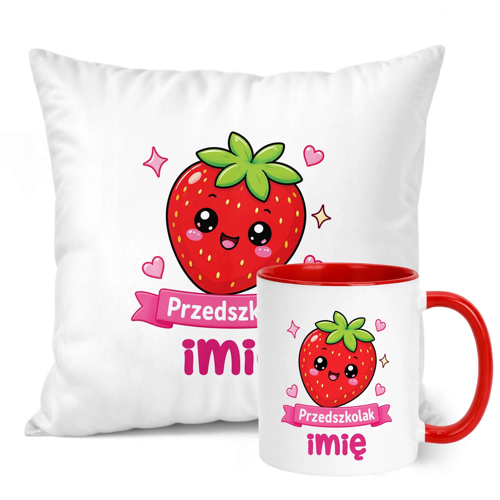 Zestaw Personalizowany Kubek Czerwony Poduszka Przedszkolak Truskawka