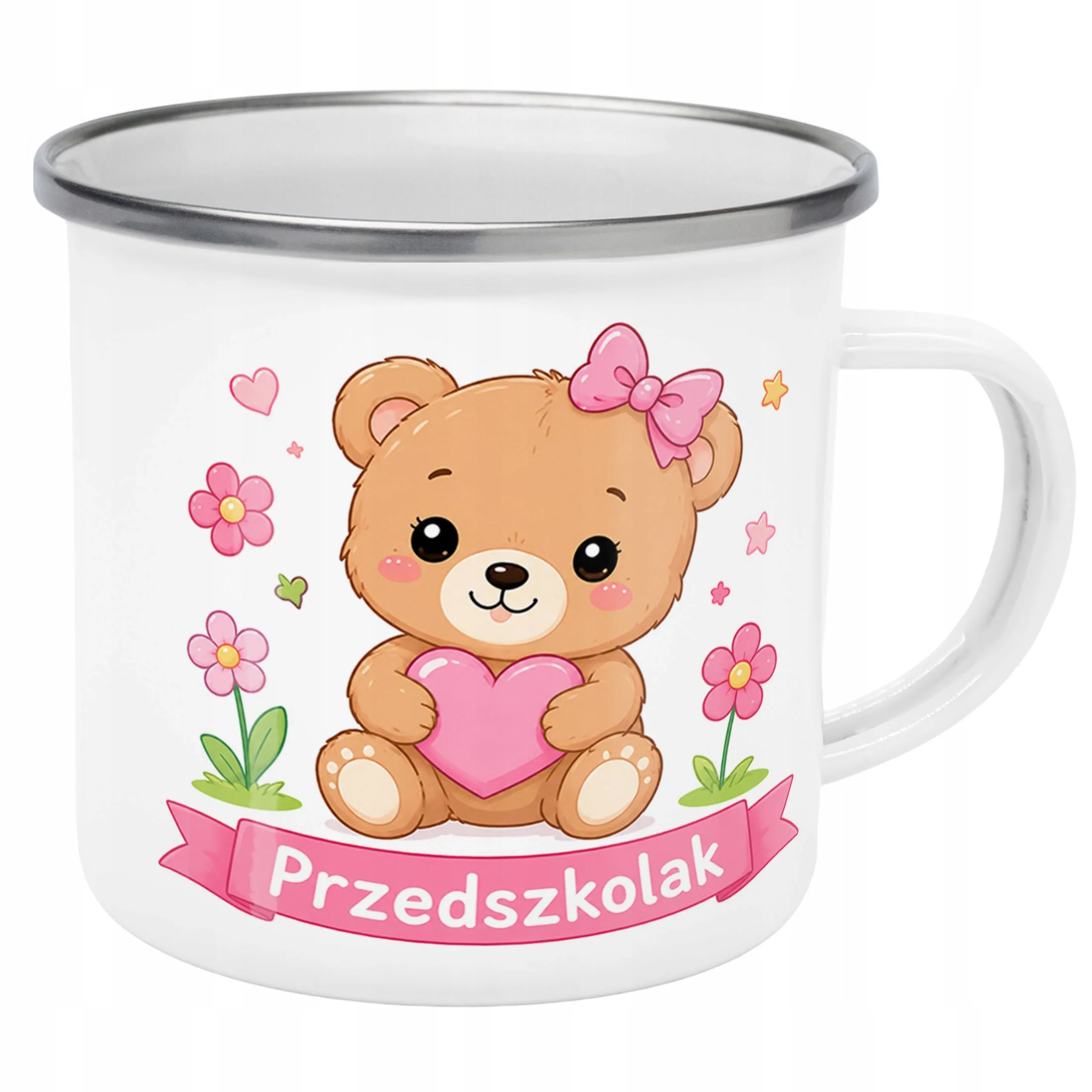 Kubek Emaliowany Przedszkolak Szkoła z Nadrukiem Biały Metalowy Prezent