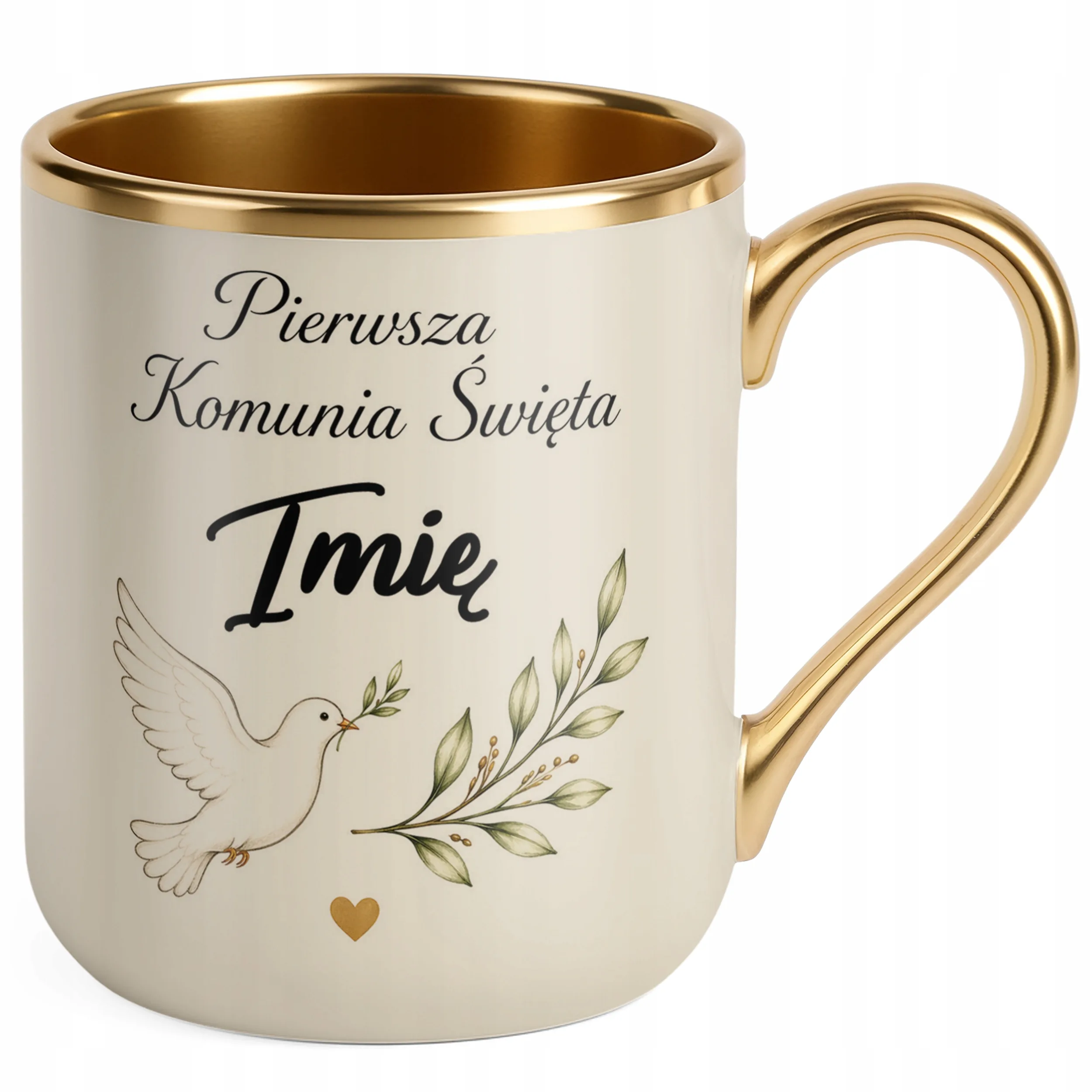 Kubek Premium złoty ecru Komunia Święta z imieniem dziecka
