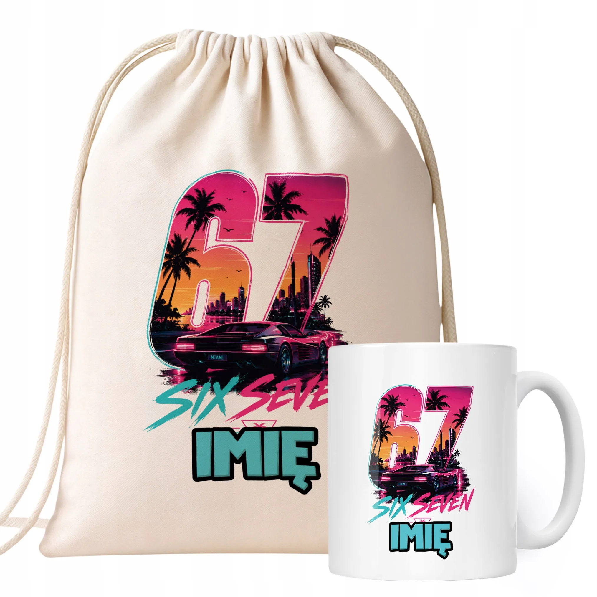 Zestaw Personalizowany Plecak Worek Kubek Miami Vice 67 Six Seven Prezent