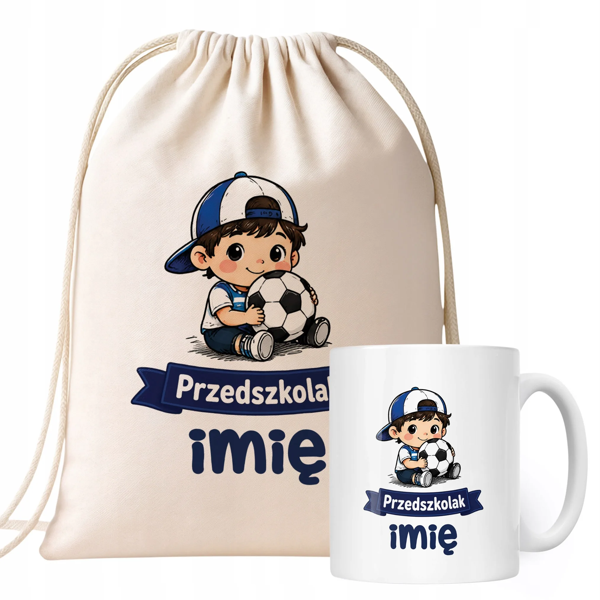 Zestaw Personalizowany Plecak Worek Kubek Przedszkolak Piłka nożna Prezent