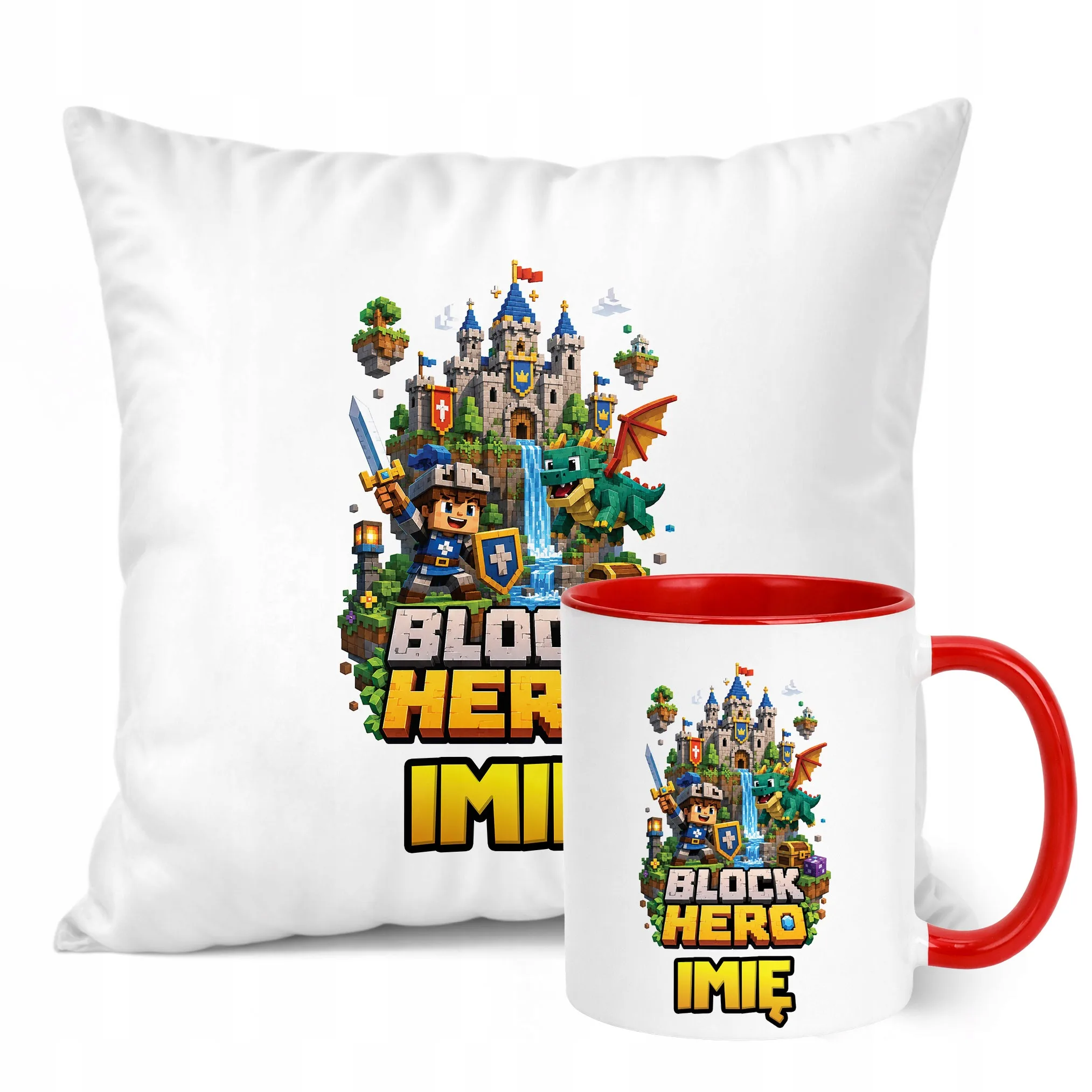 Zestaw Personalizowany Kubek Czerwony Poduszka gra Block Hero Prezent
