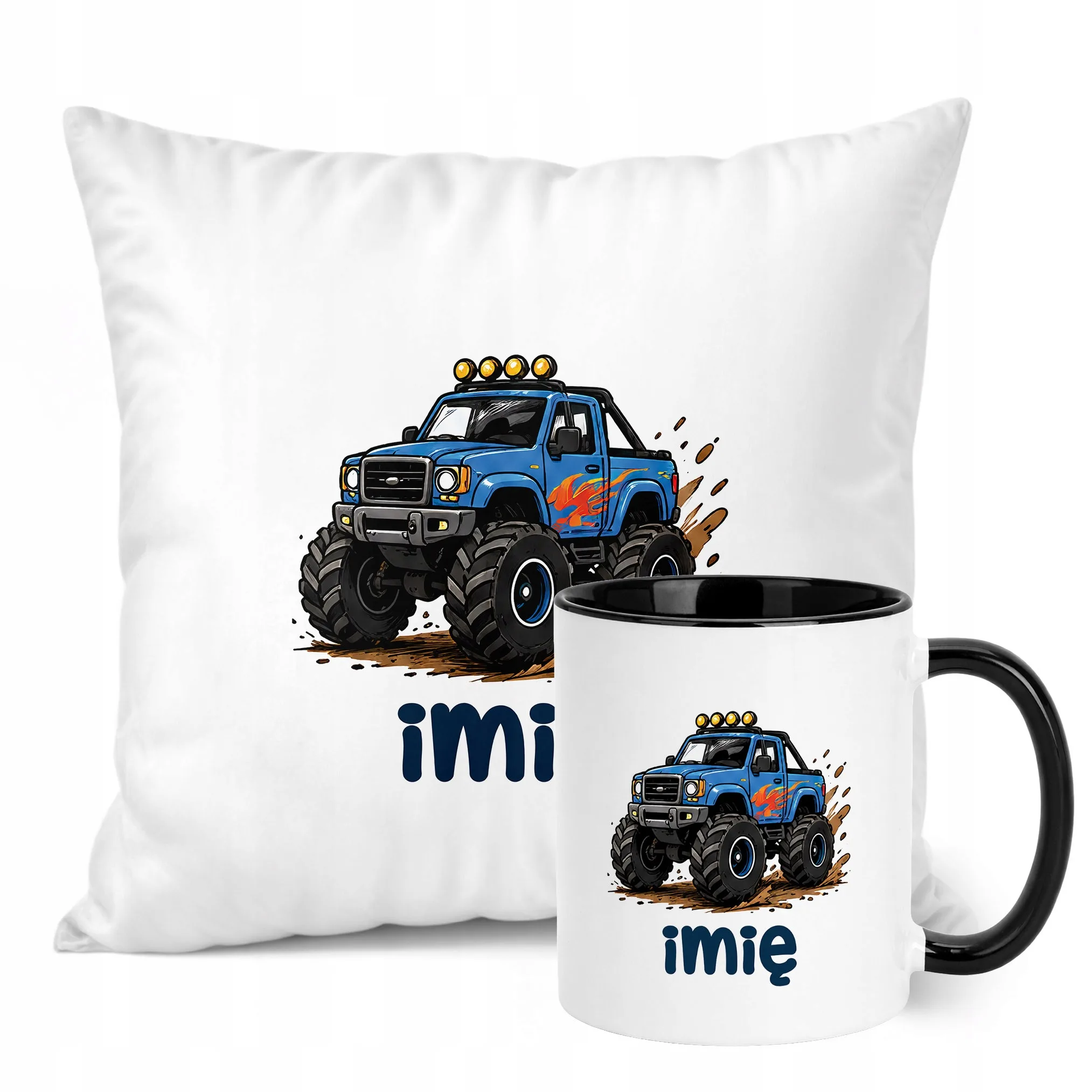 Zestaw Personalizowany Kubek Czarny Poduszka Monster Truck Prezent