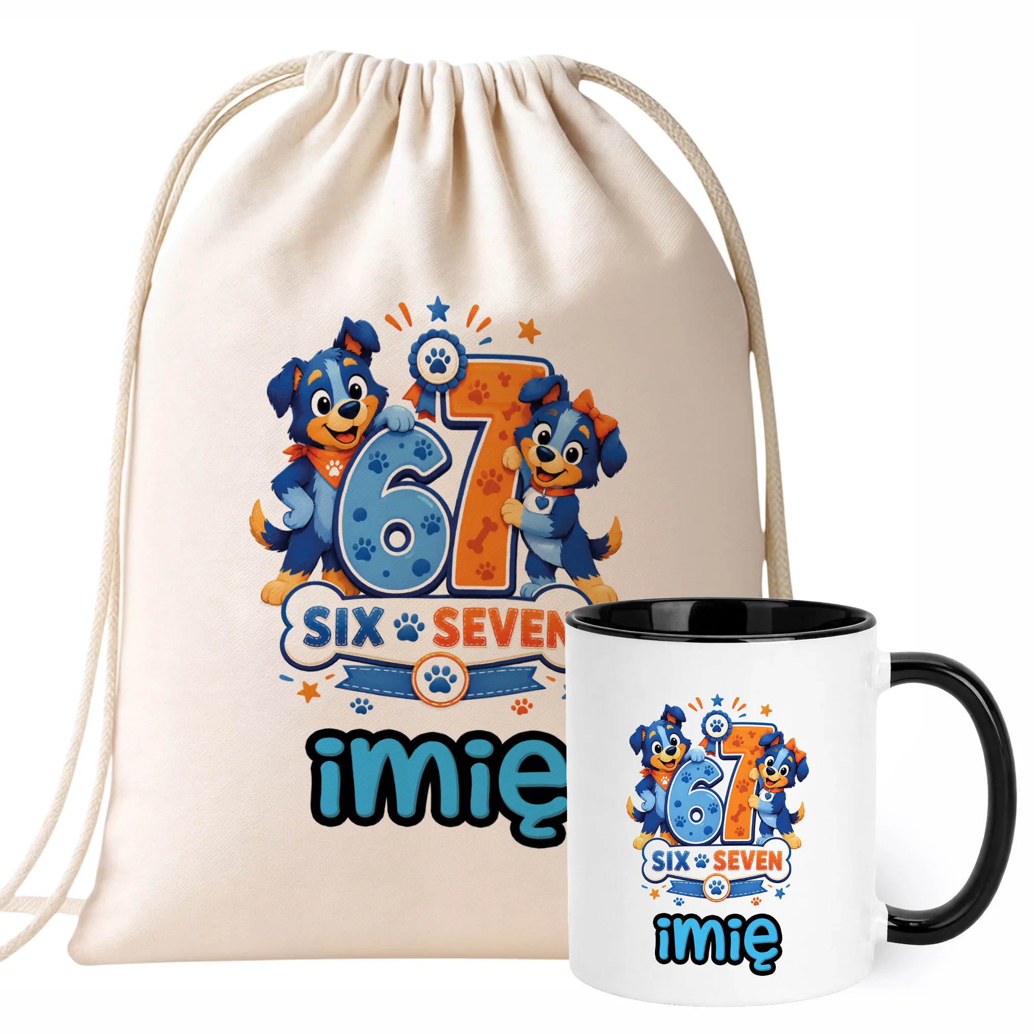 Zestaw Personalizowany Plecak Worek Kubek Czarny Pies 67 Six Seven Prezent