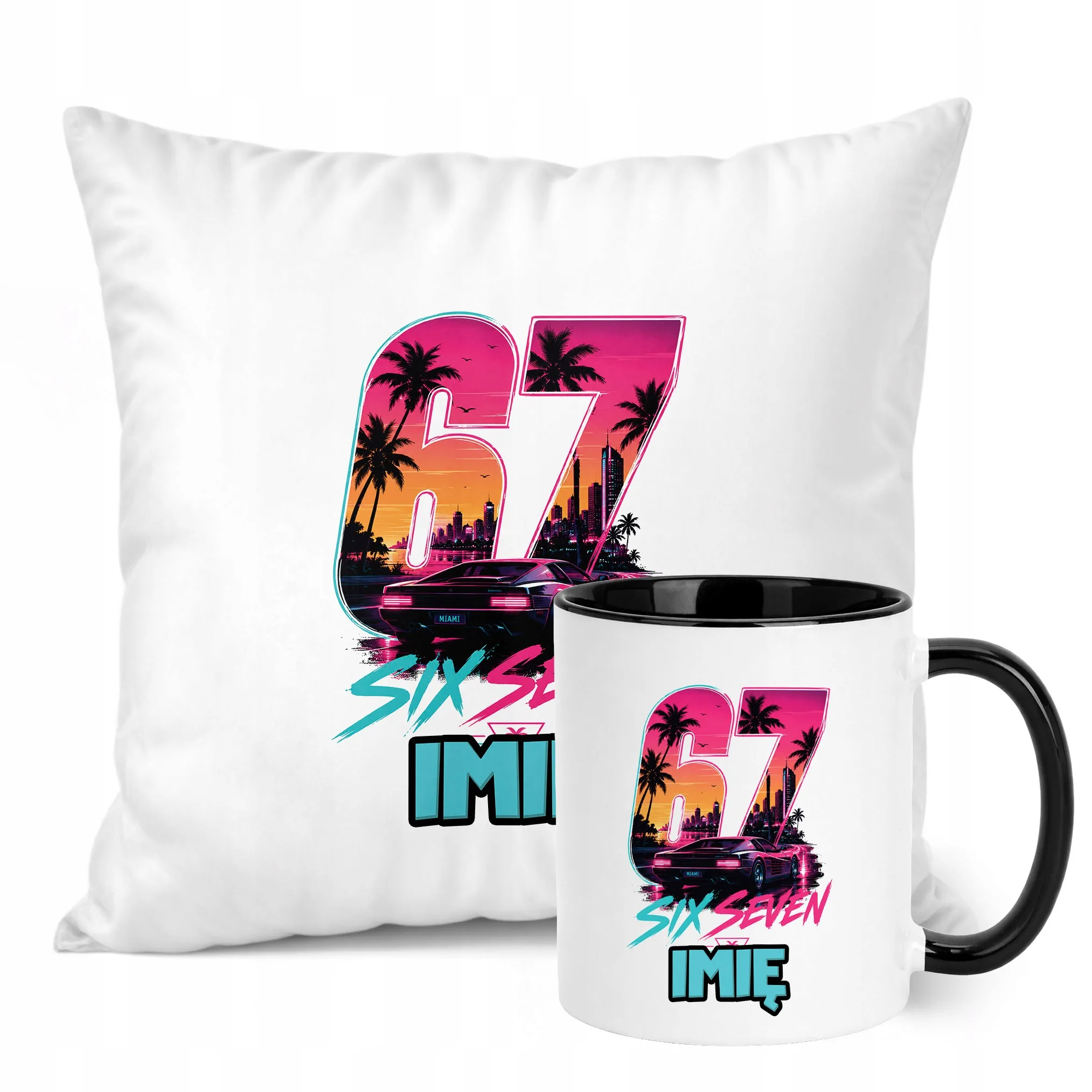 Zestaw Personalizowany Kubek Czarny Poduszka Miami 67 Six Seven