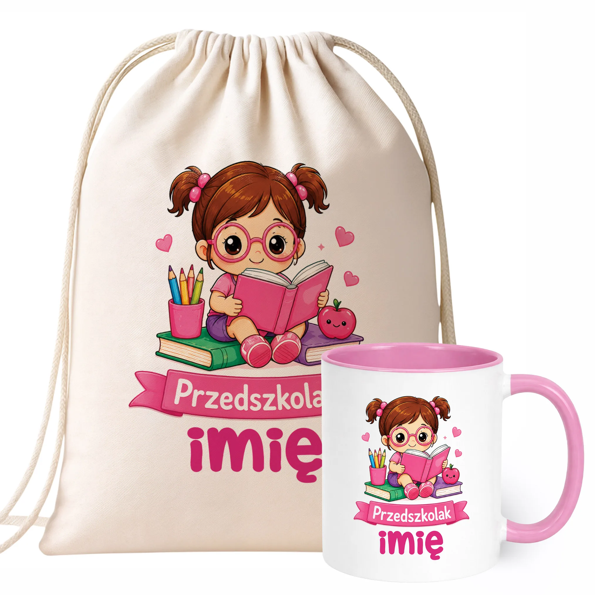 Zestaw Personalizowany Plecak Worek Kubek Różowy Przedszkolak Prezent