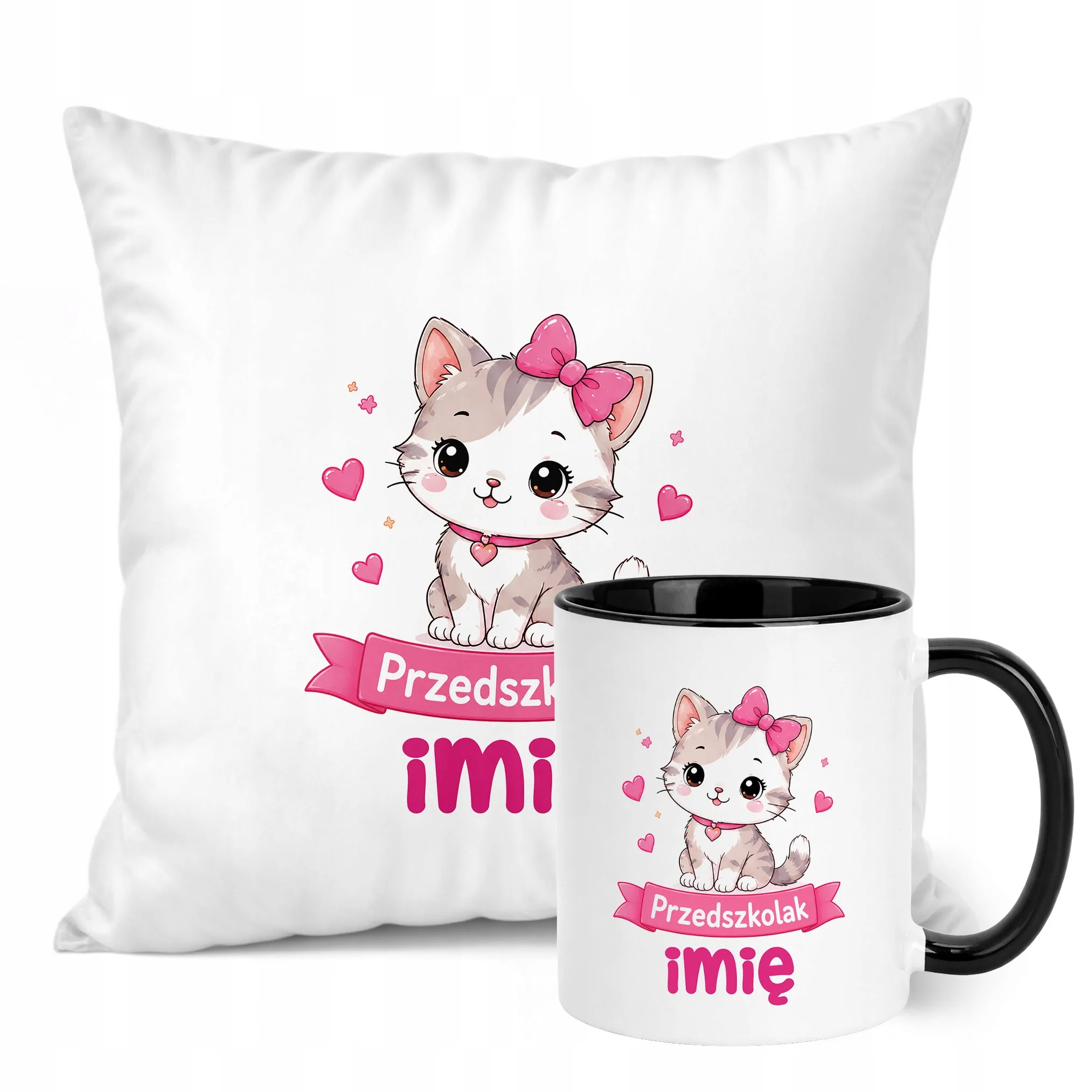 Zestaw Personalizowany Kubek Czarny Poduszka Przedszkolak Kotek