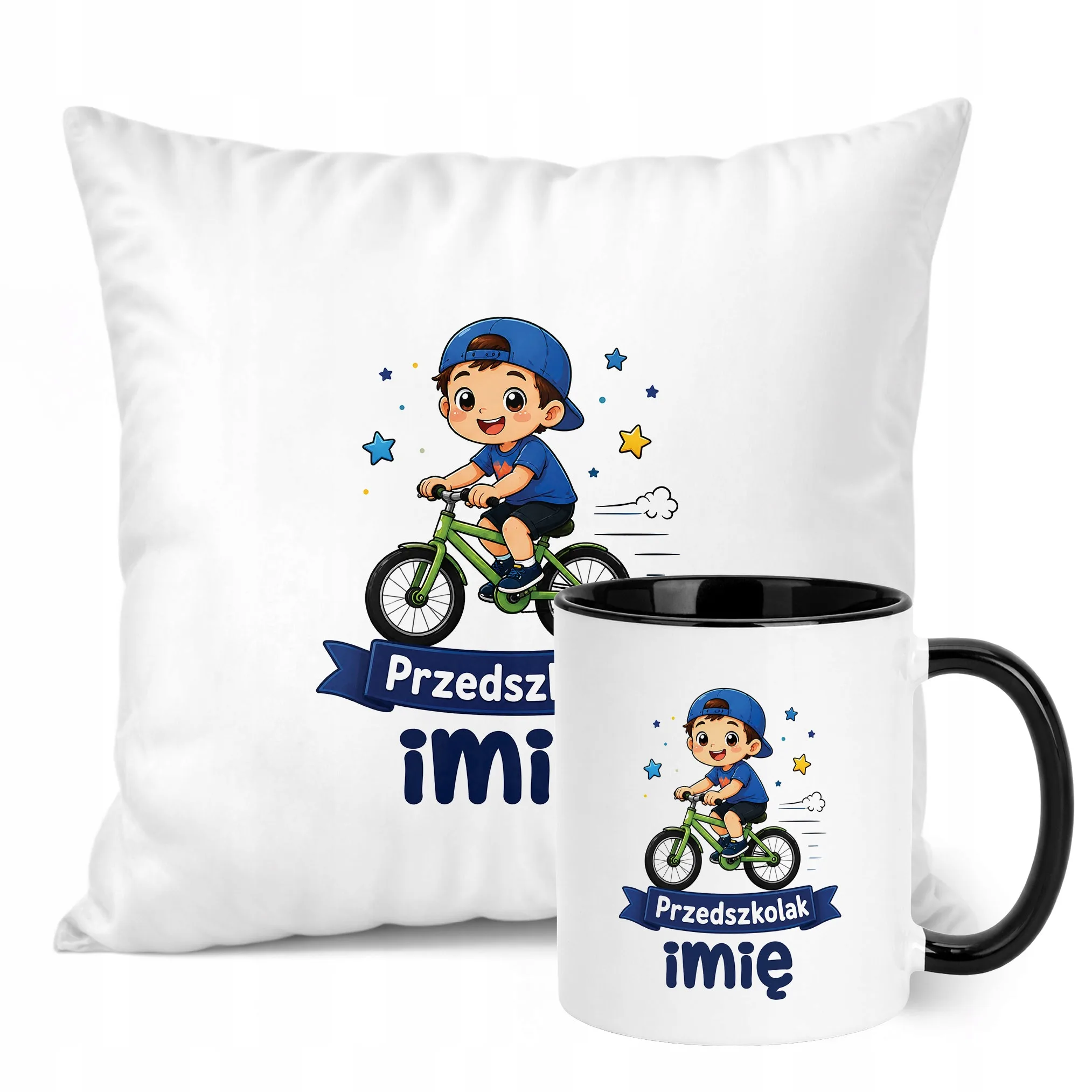 Zestaw Personalizowany Kubek Czarny Poduszka Przedszkolak Rower