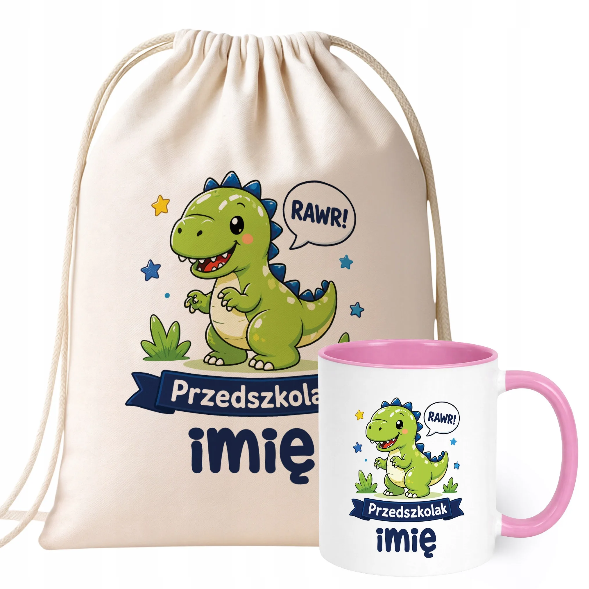 Zestaw Personalizowany Plecak Worek Kubek Różowy Przedszkolak Dinozaur