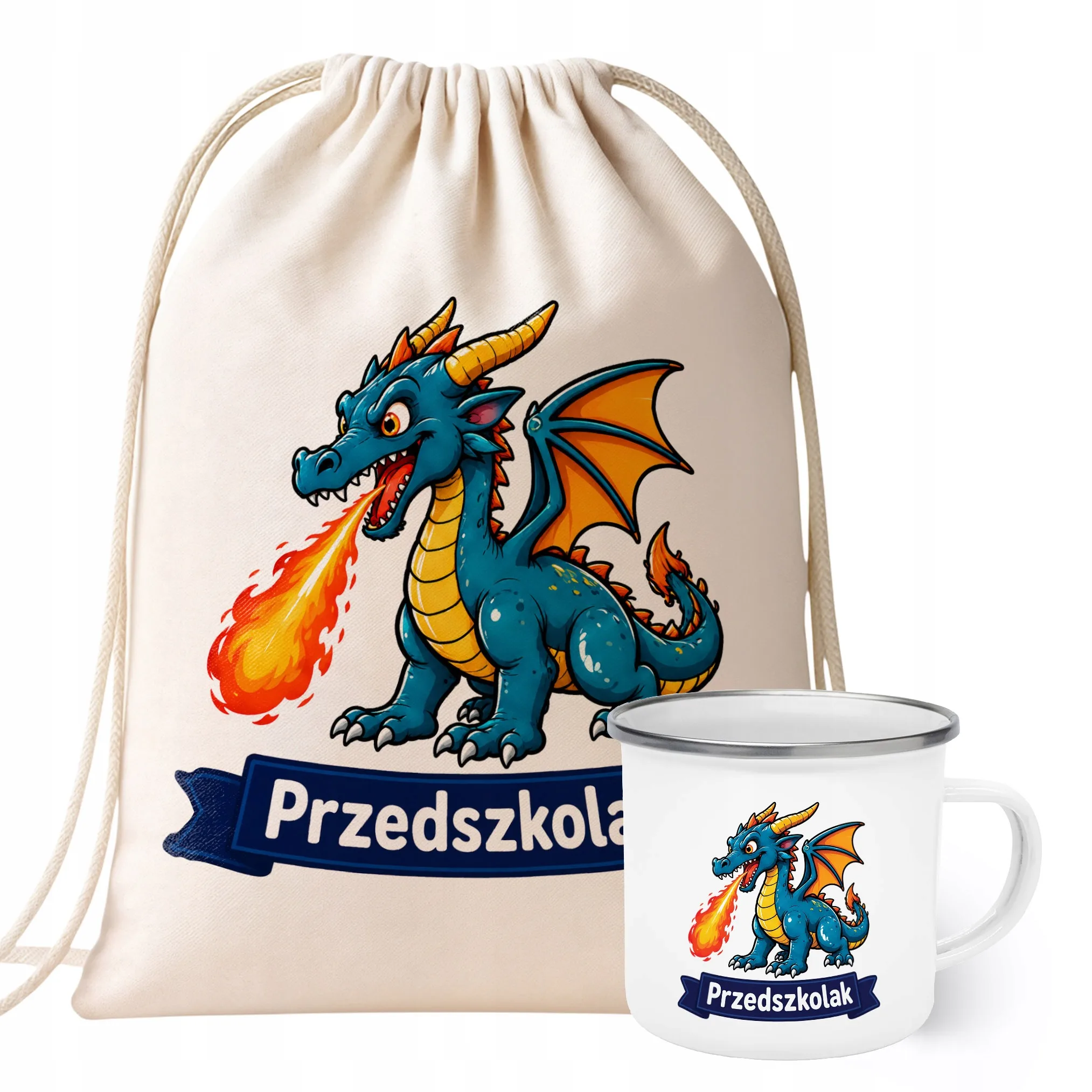 Zestaw Plecak Worek Kubek Emaliowany Z Nadrukiem Przedszkolak Szkoła