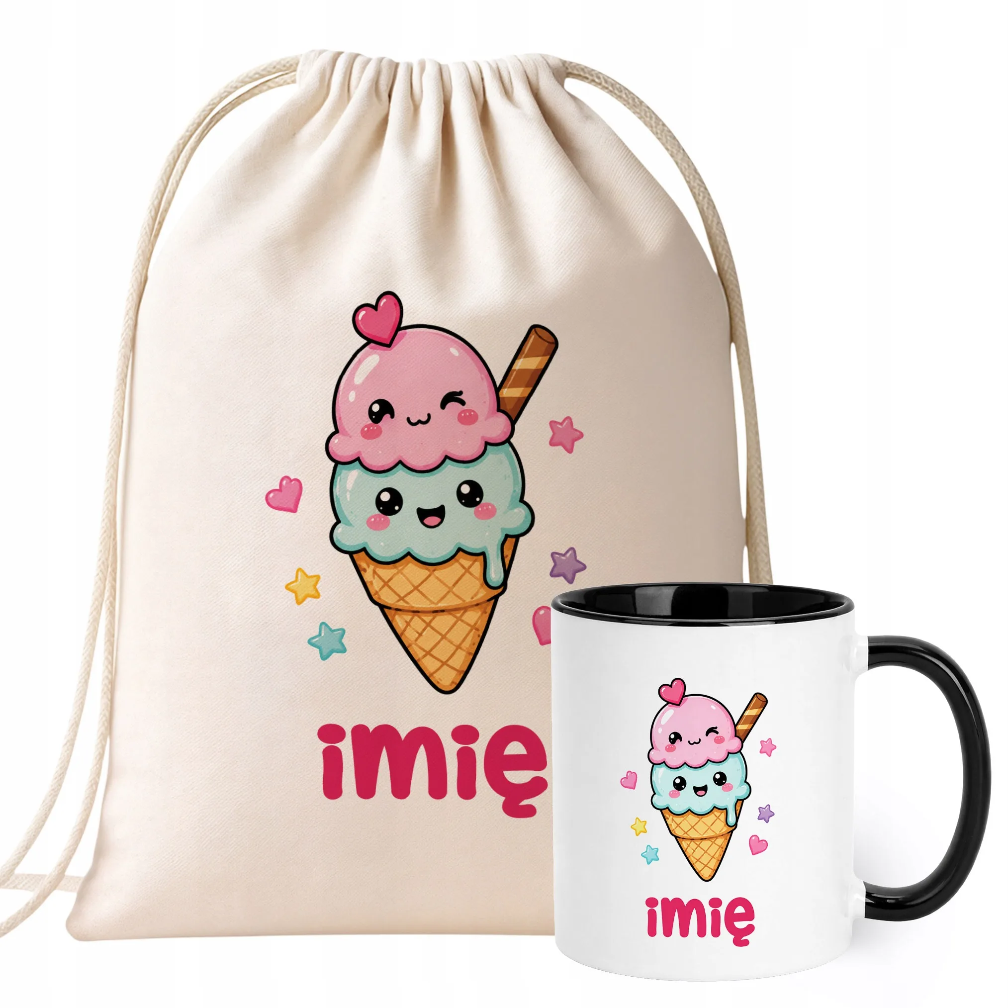 Zestaw Personalizowany Plecak Worek Kubek Czarny Lody Prezent