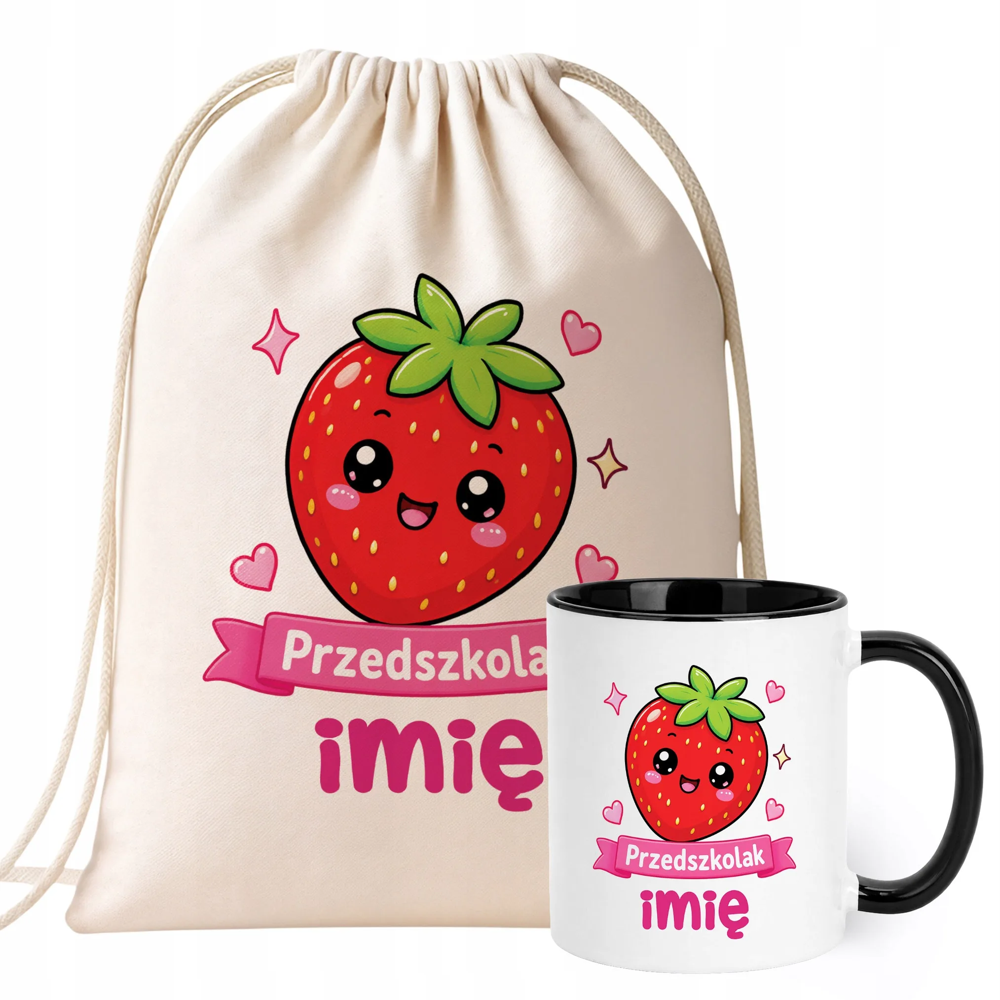 Zestaw Personalizowany Plecak Worek Kubek Czarny Przedszkolak Truskawka