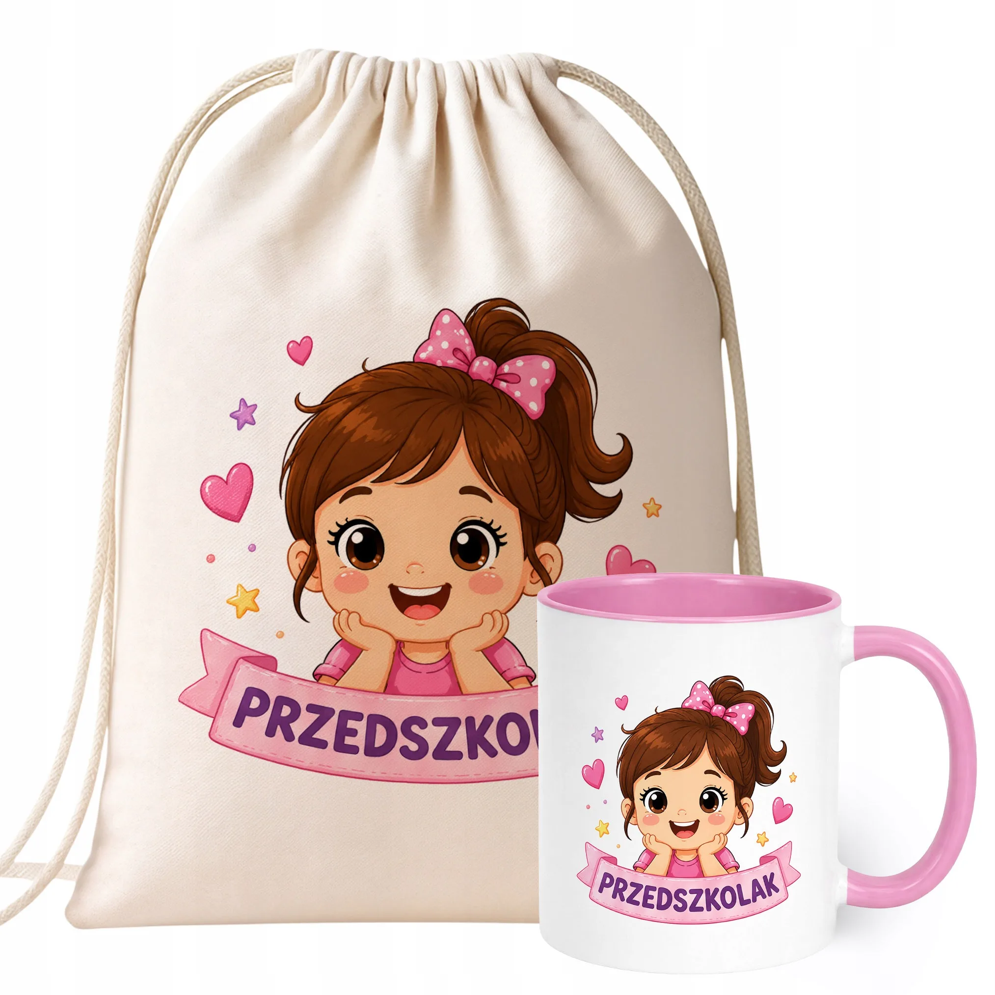 Zestaw Plecak Worek Kubek Różowy Z Nadrukiem Przedszkolak Dla Dzieci