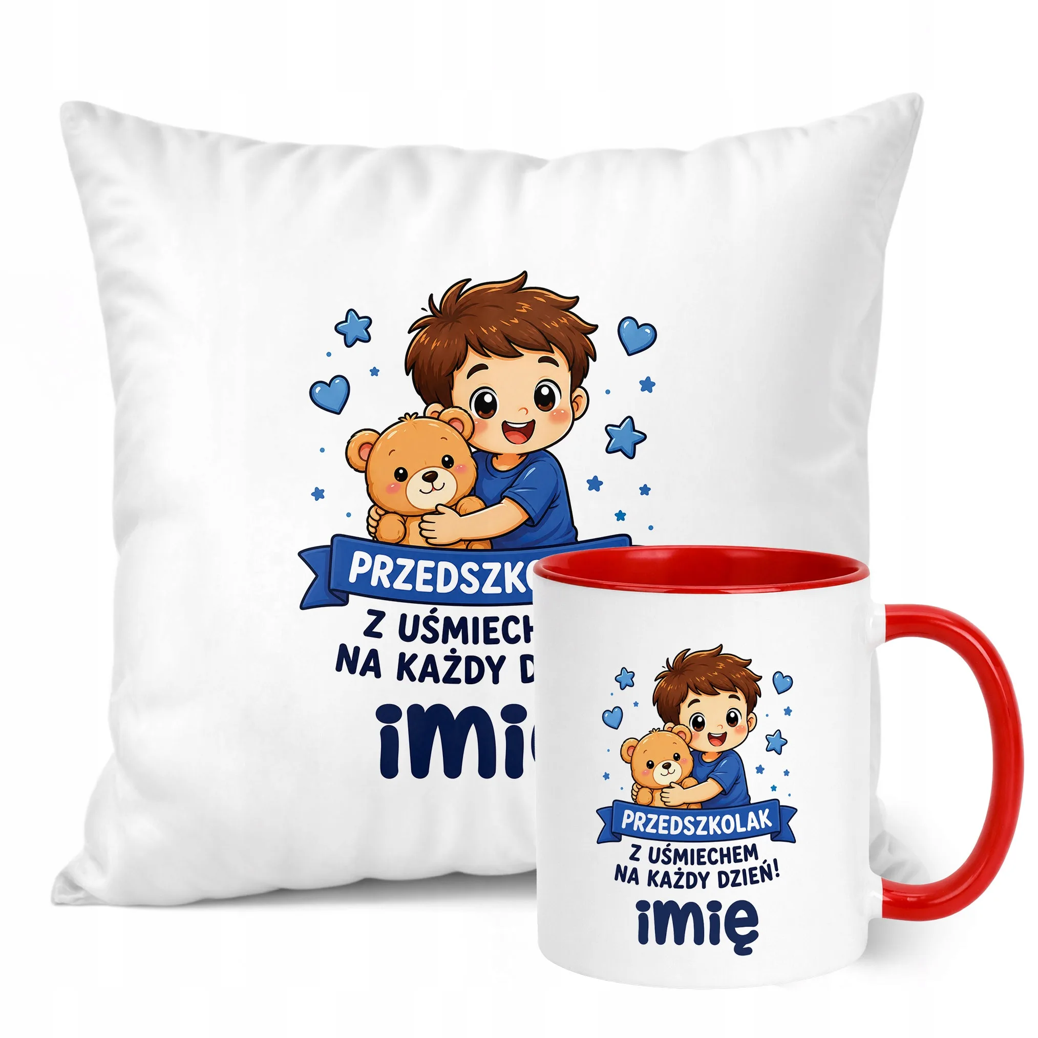 Zestaw Personalizowany Kubek Czerwony Poduszka Przedszkolak Prezent