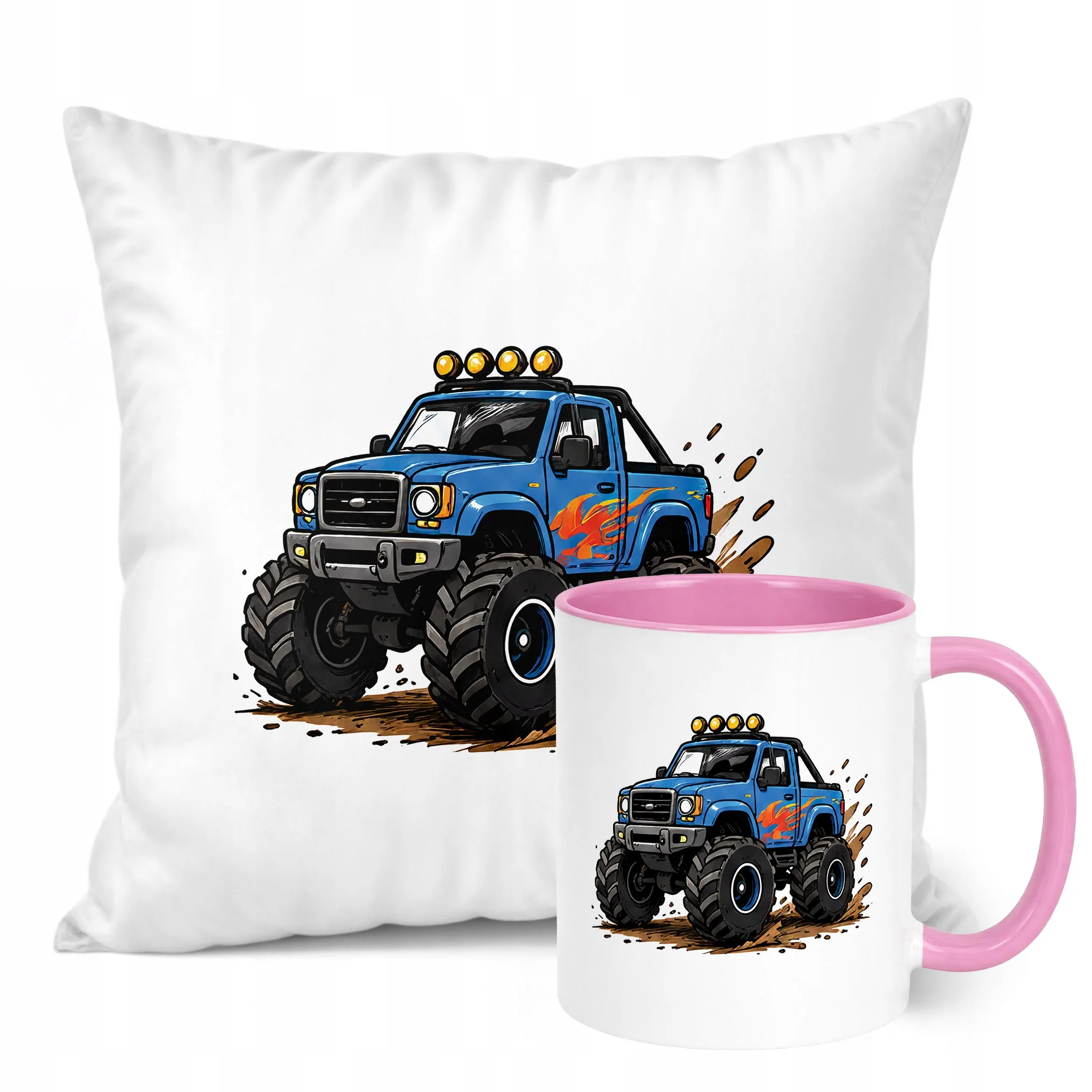 Zestaw Kubek Różowy Poduszka Z Nadrukiem Monster Truck Prezent