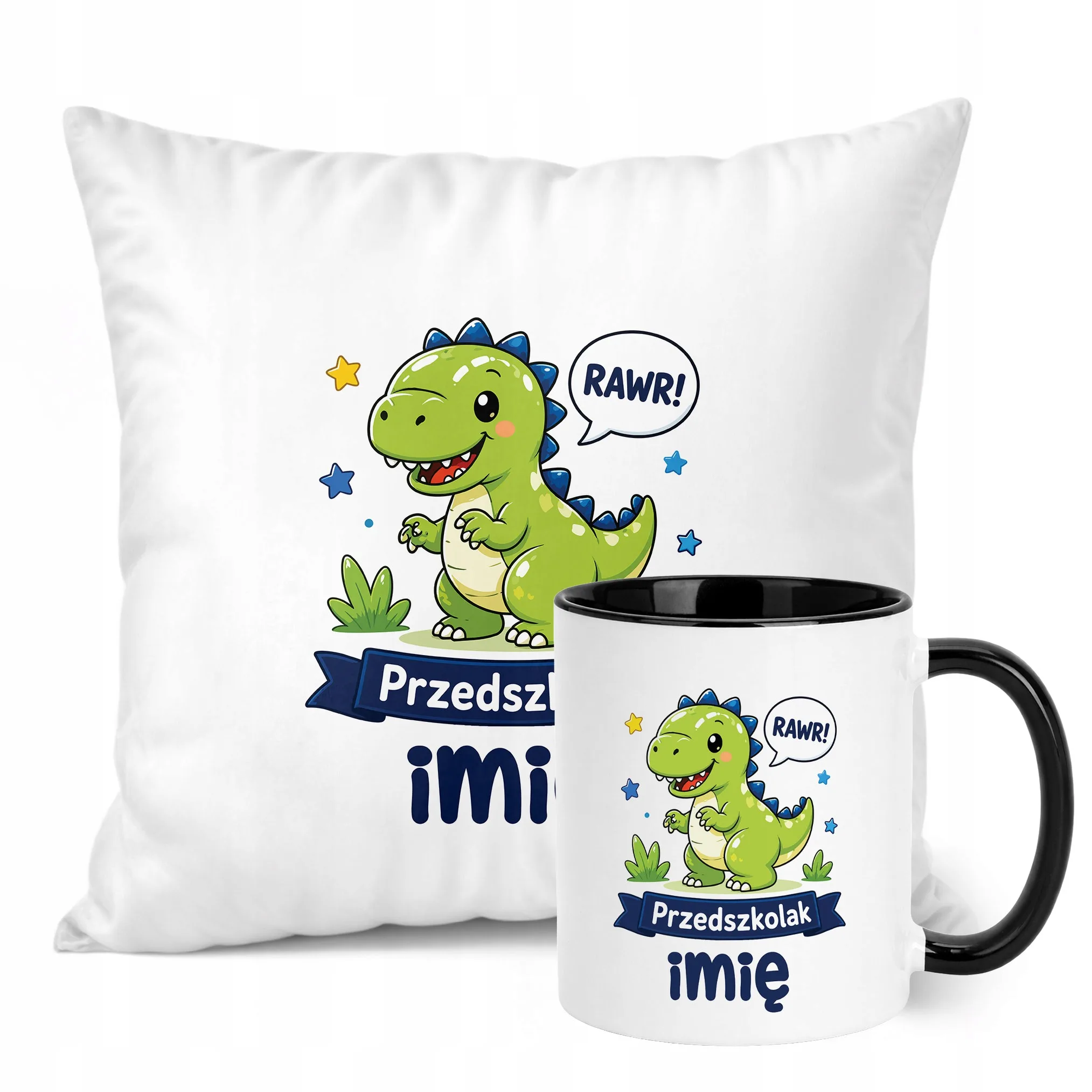 Zestaw Personalizowany Kubek Czarny Poduszka Przedszkolak Dinozaur
