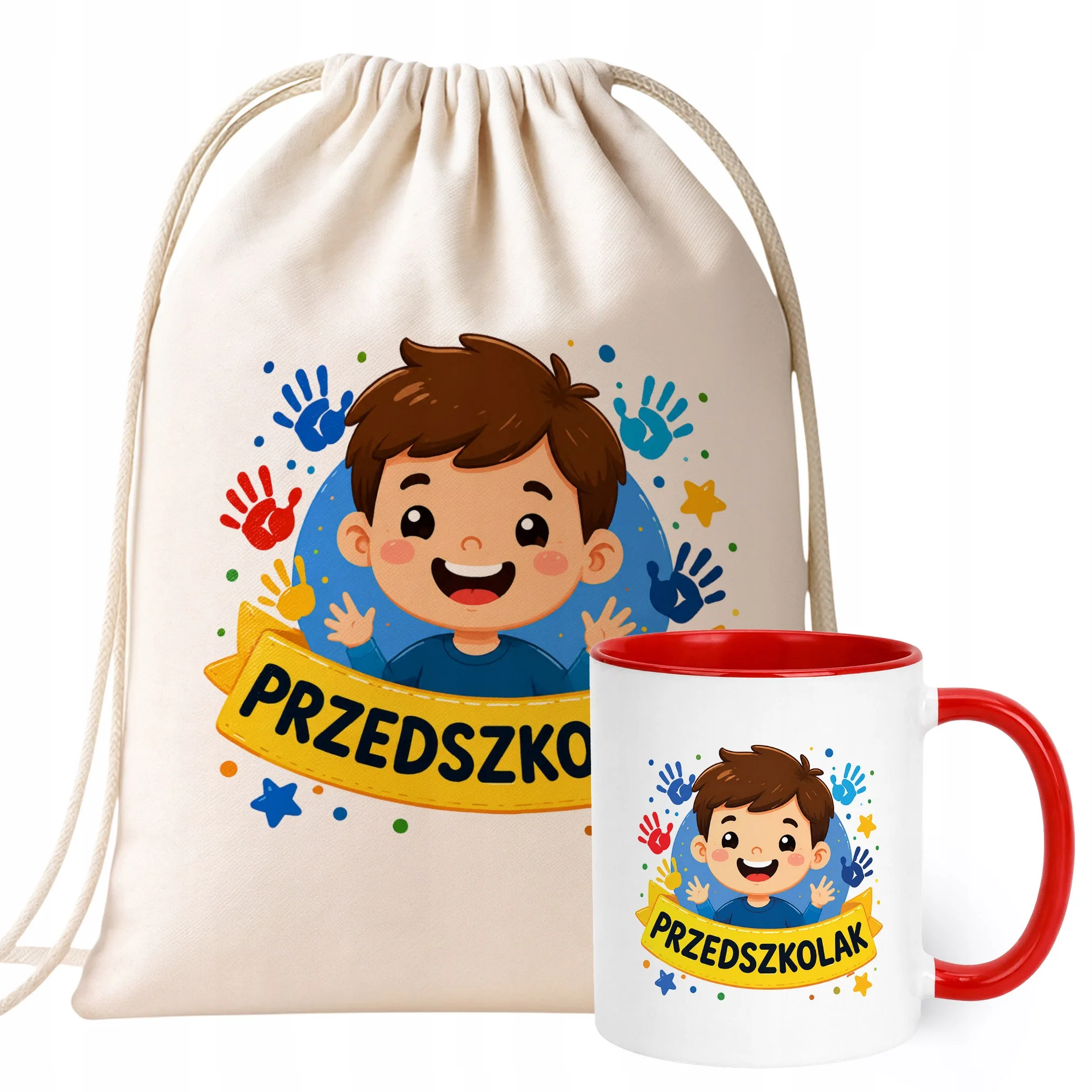 Zestaw Plecak Worek Kubek Czerwony Z Nadrukiem Przedszkolak Dla Dzieci