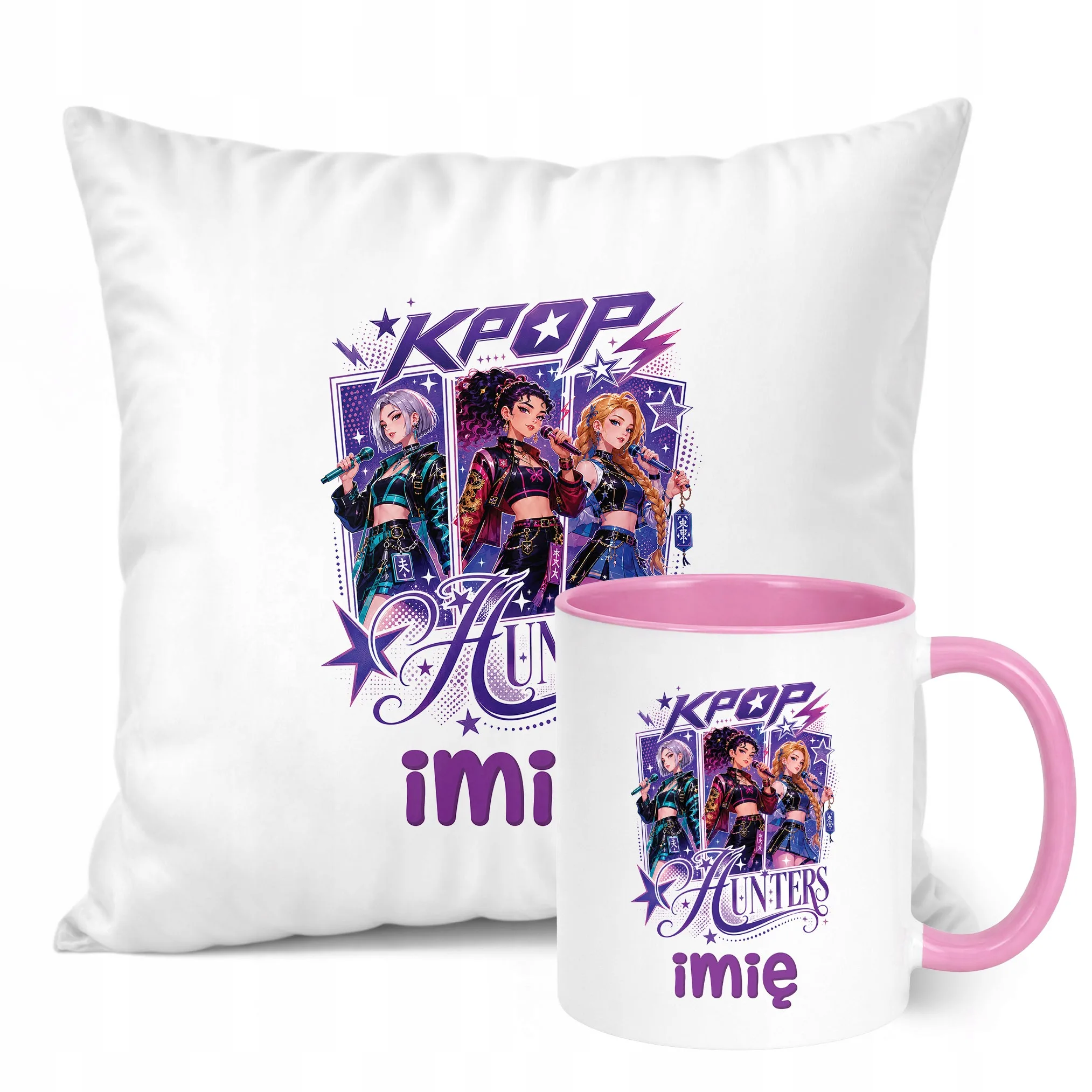 Zestaw Personalizowany Kubek Różowy Poduszka Łowczynie Kpop Prezent