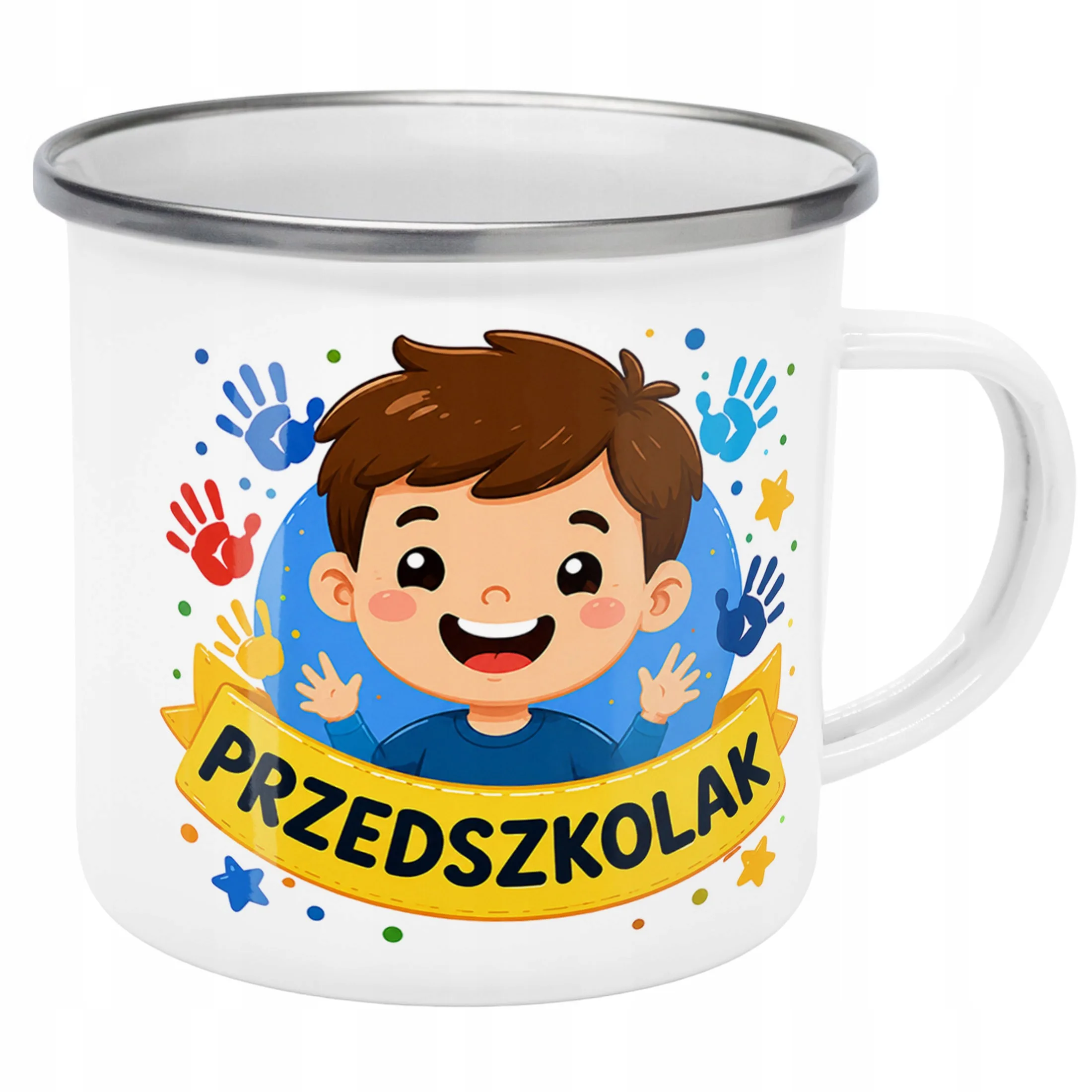 Kubek Emaliowany Przedszkolak Szkoła z Nadrukiem Biały Metalowy Prezent