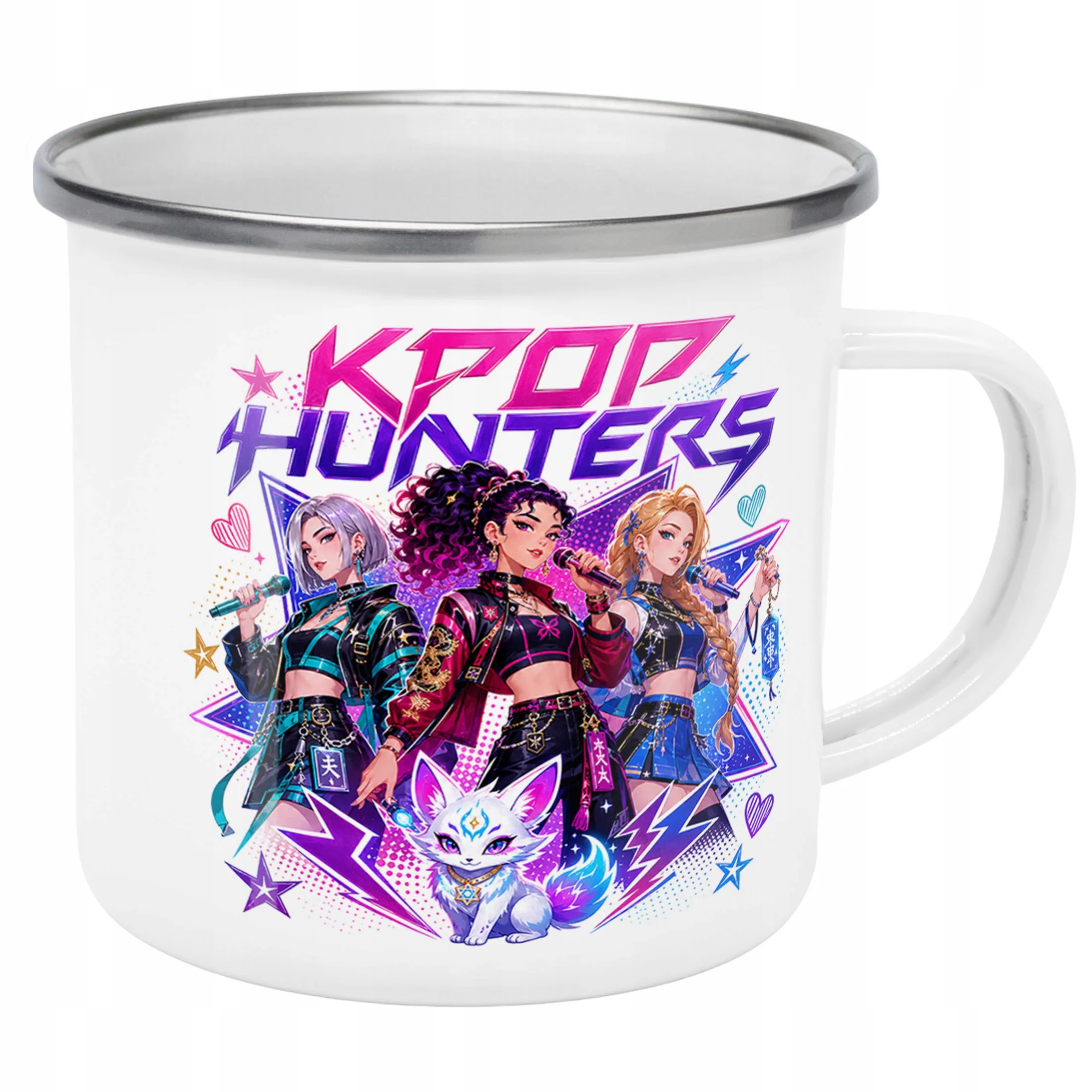 Kubek Emaliowany ŁOWCZYNIE KPOP z Nadrukiem Biały Metalowy Prezent
