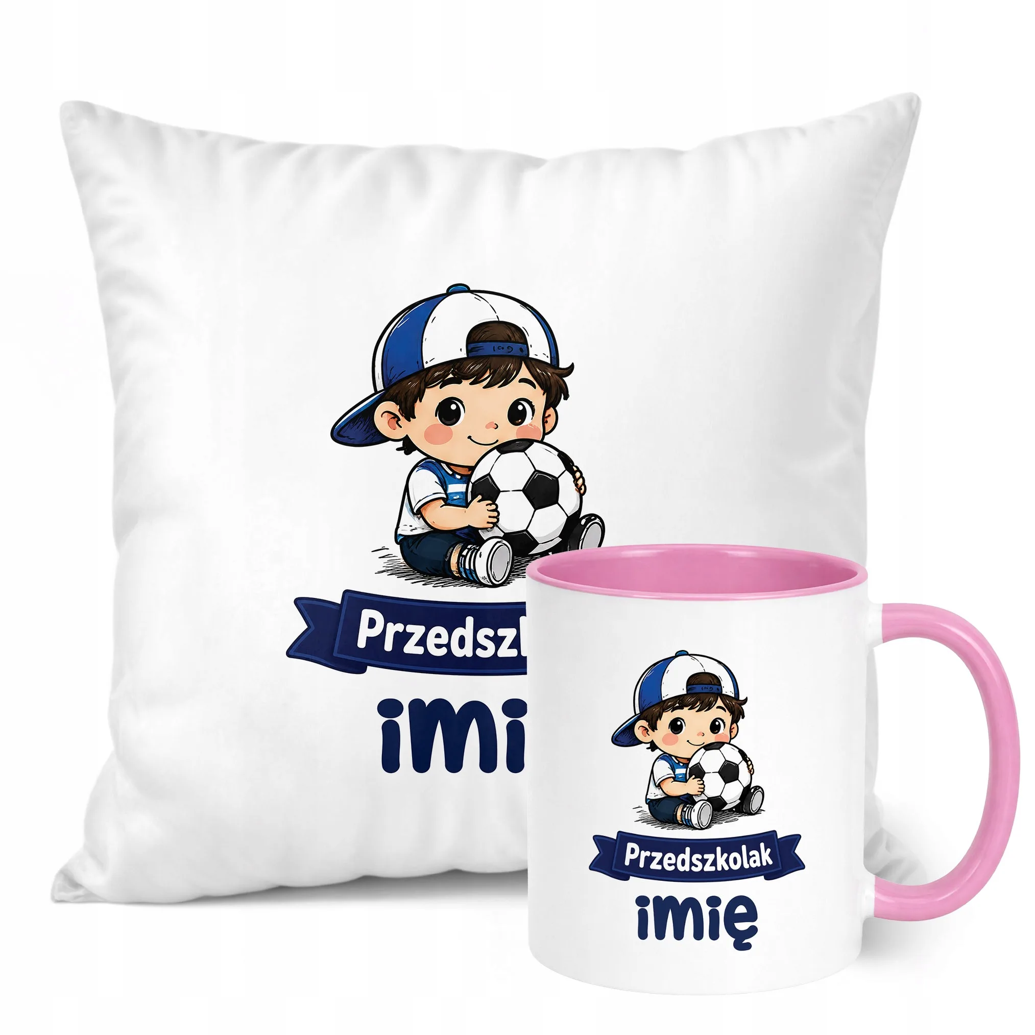 Zestaw Personalizowany Kubek Różowy Poduszka Przedszkolak Piłka