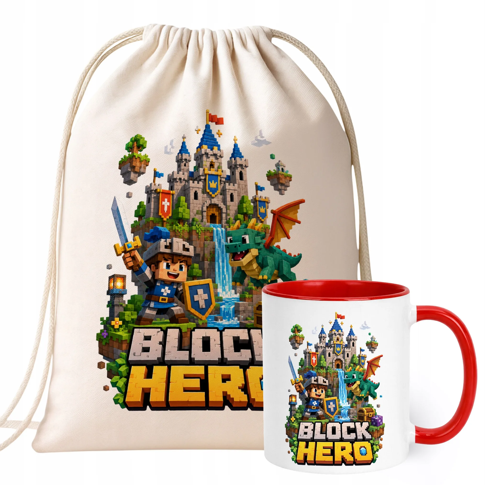 Zestaw Plecak Worek Kubek Czerwony Z Nadrukiem BLOCK HERO Gra Dla Dzieci