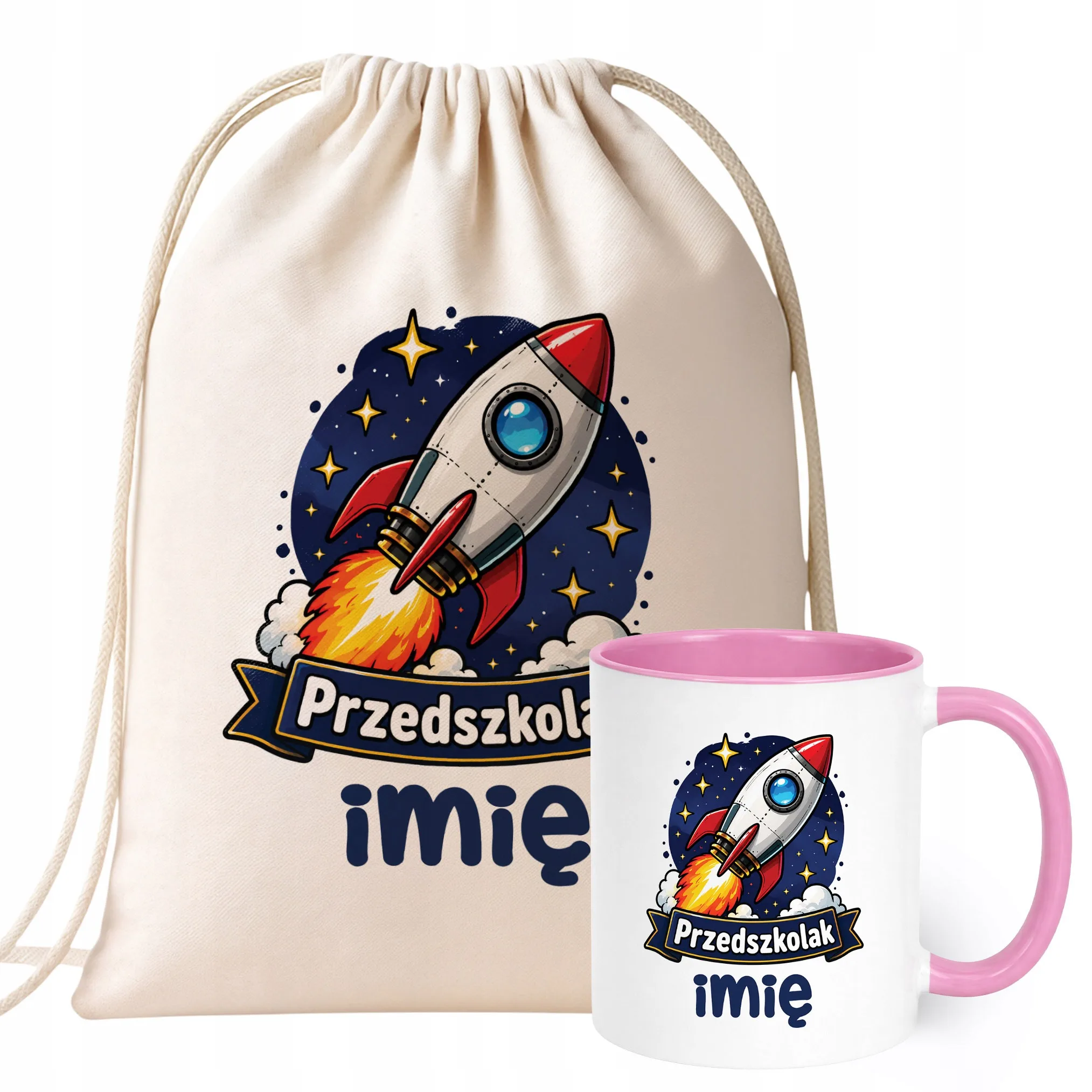 Zestaw Personalizowany Plecak Worek Kubek Różowy Przedszkolak Rakieta
