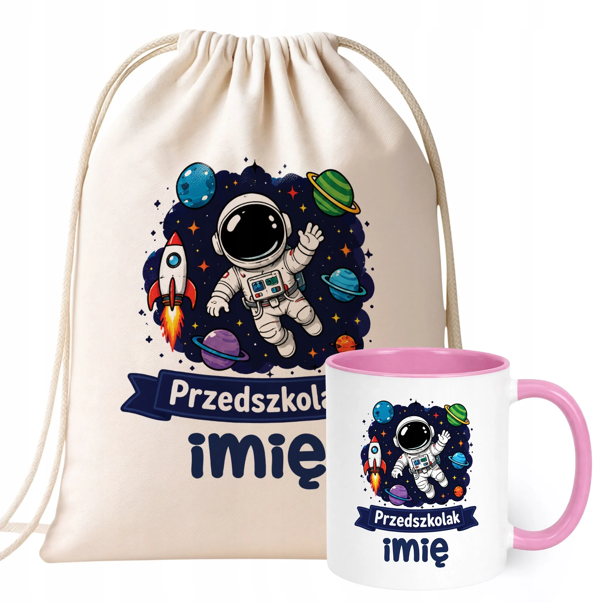 Zestaw Personalizowany Plecak Worek Kubek Różowy Przedszkolak Astronauta