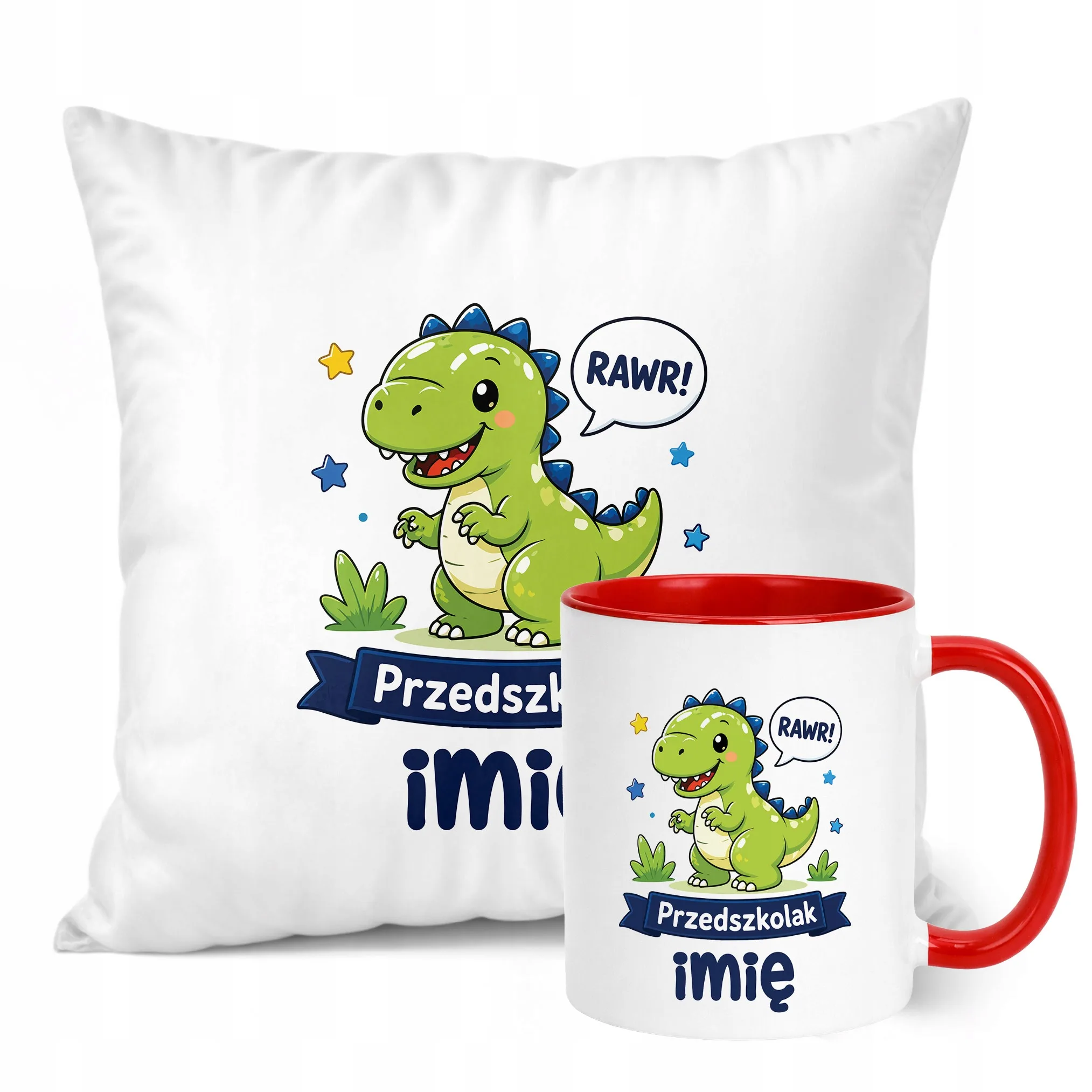 Zestaw Personalizowany Kubek Czerwony Poduszka Przedszkolak Dinozaur