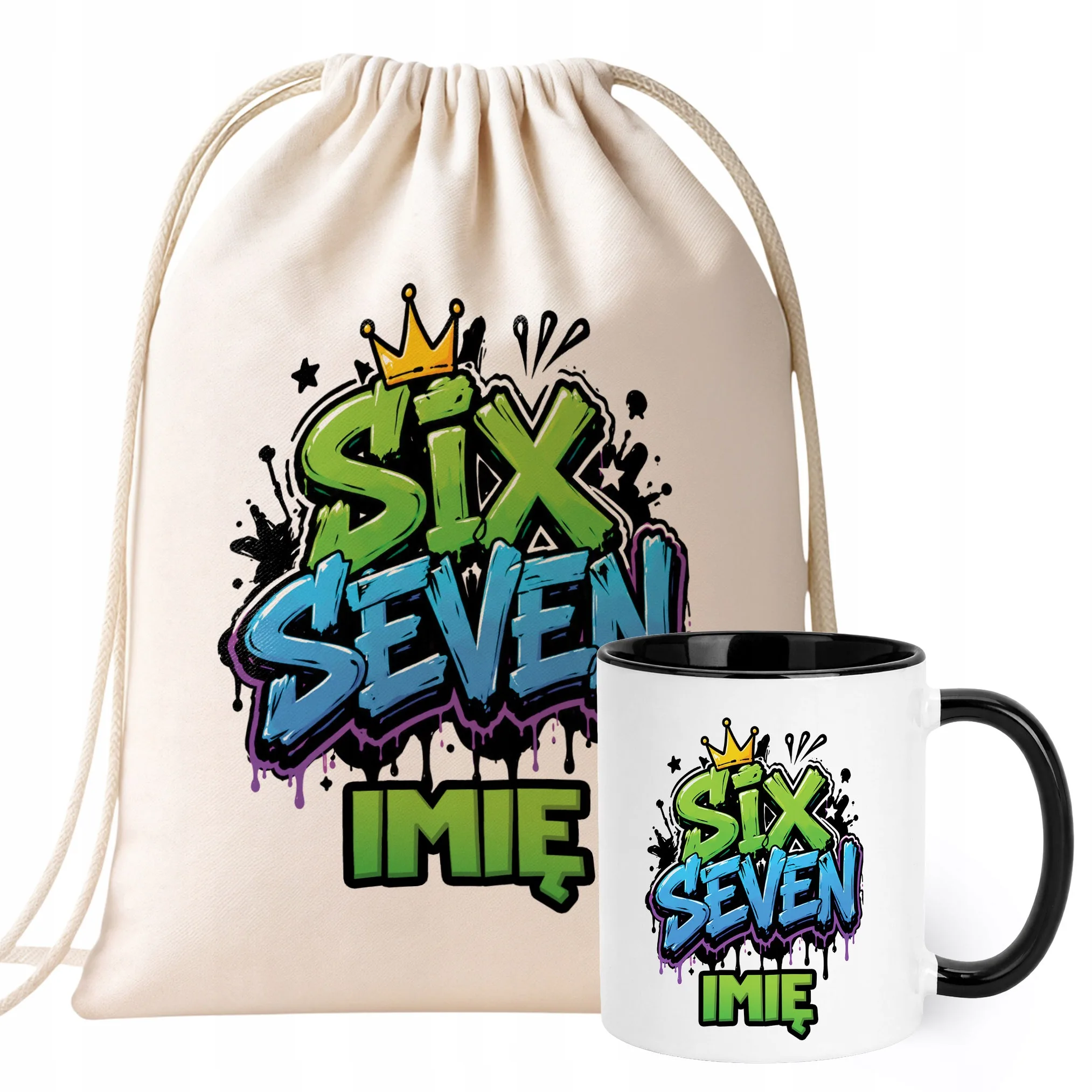 Zestaw Personalizowany Plecak Worek Kubek Czarny 67 Six Seven Prezent