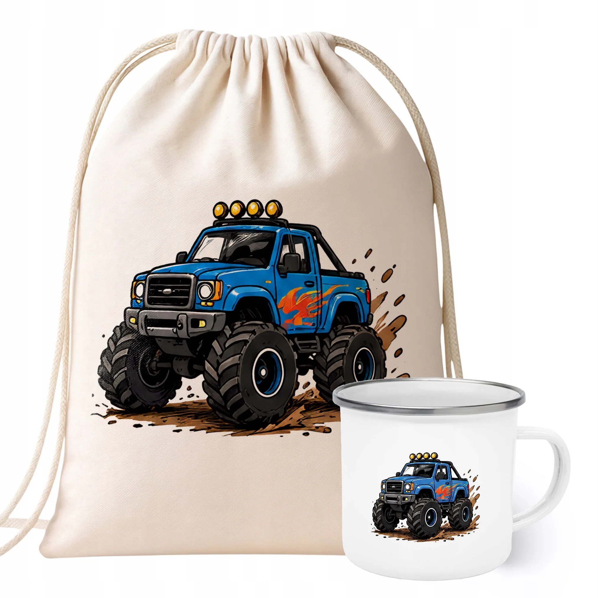 Zestaw Plecak Worek Kubek Emaliowany Z Nadrukiem Monster Truck Prezent
