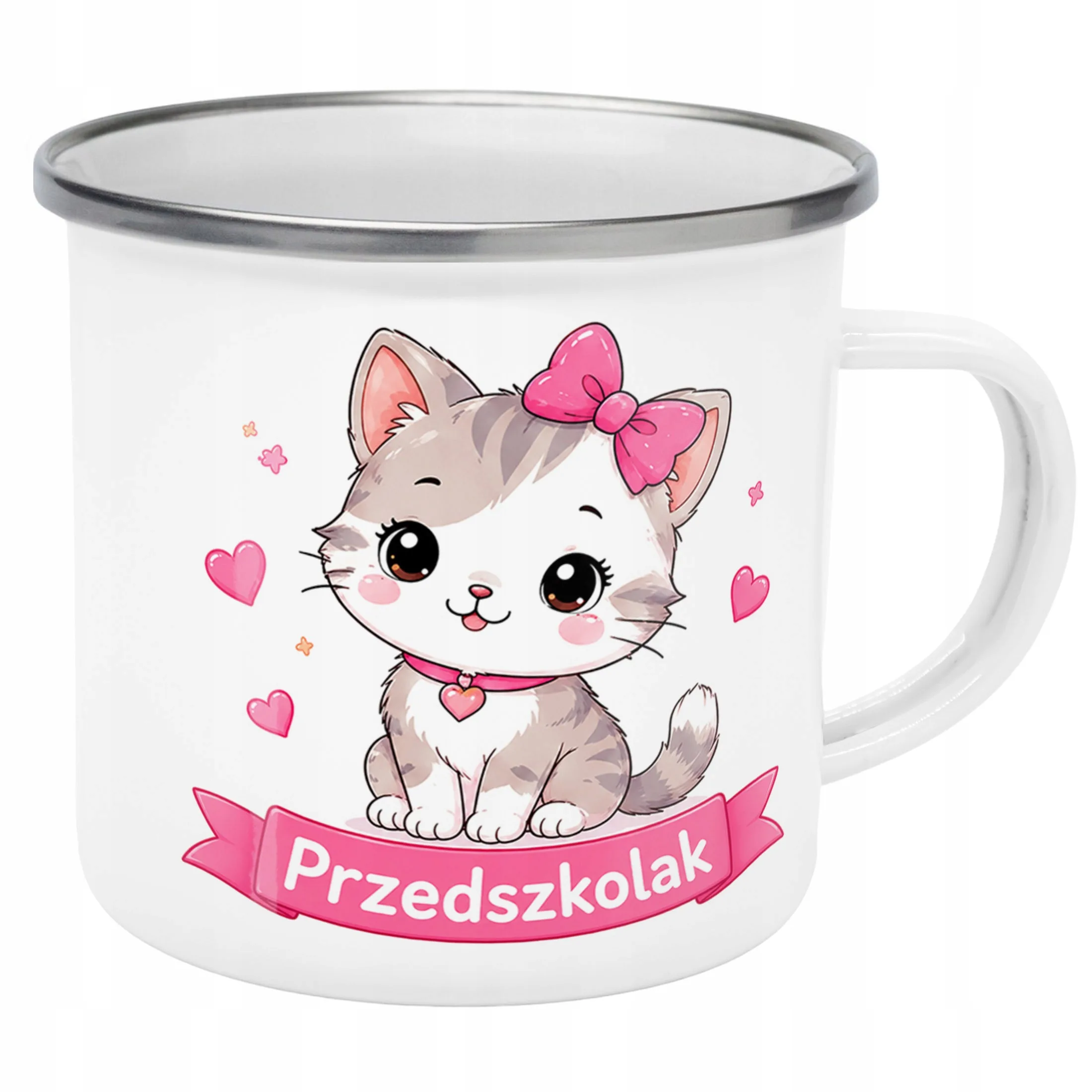 Kubek Emaliowany Przedszkolak Szkoła z Nadrukiem Biały Metalowy Prezent